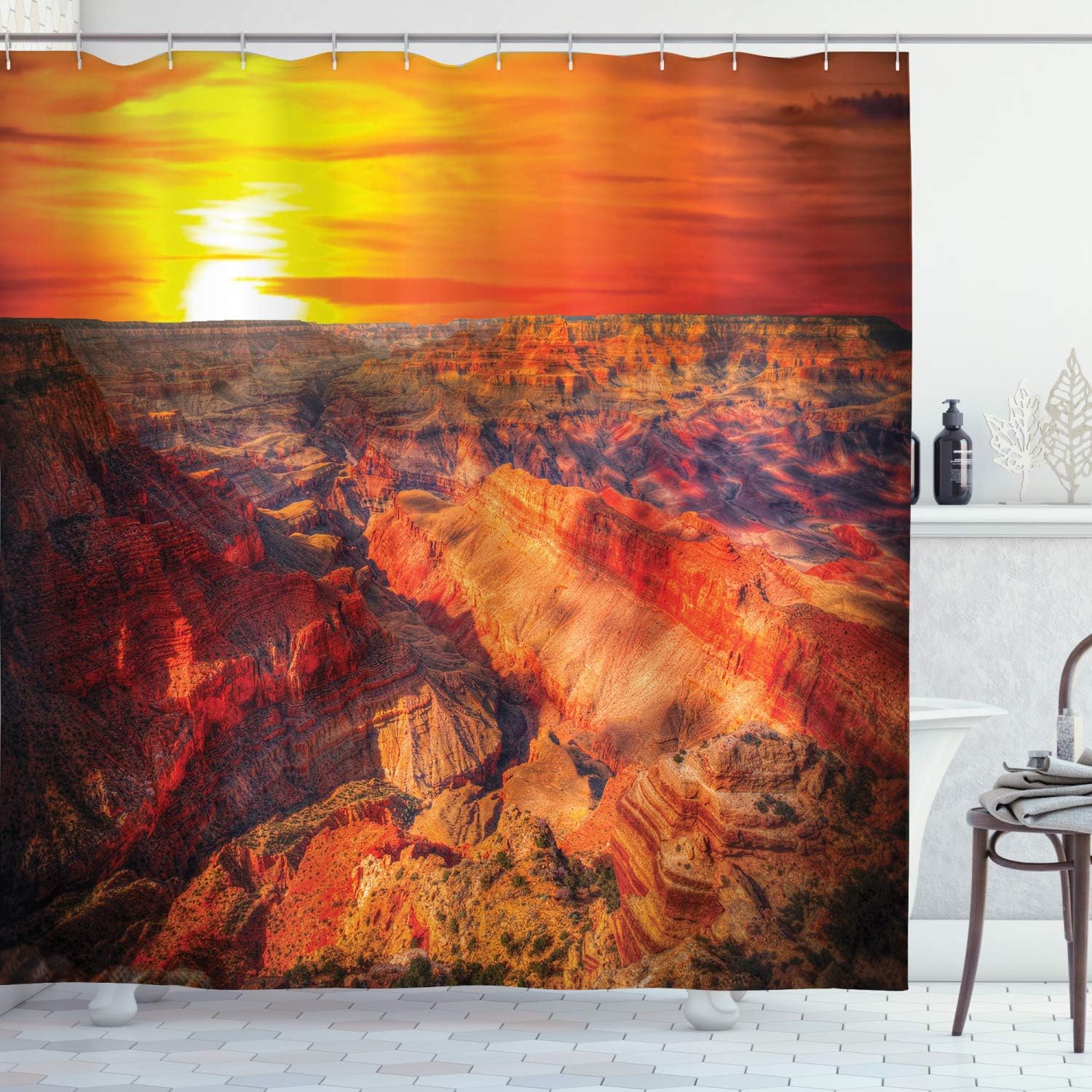 Ambesonne American Shower Curtain, Horizon Overview Unique Grand Canyon Photo Saturated Warm Color Effects Sunset, Cloth Fabric Bathroom Decor Set with Hooks, 69" W x 70" L, Orange
