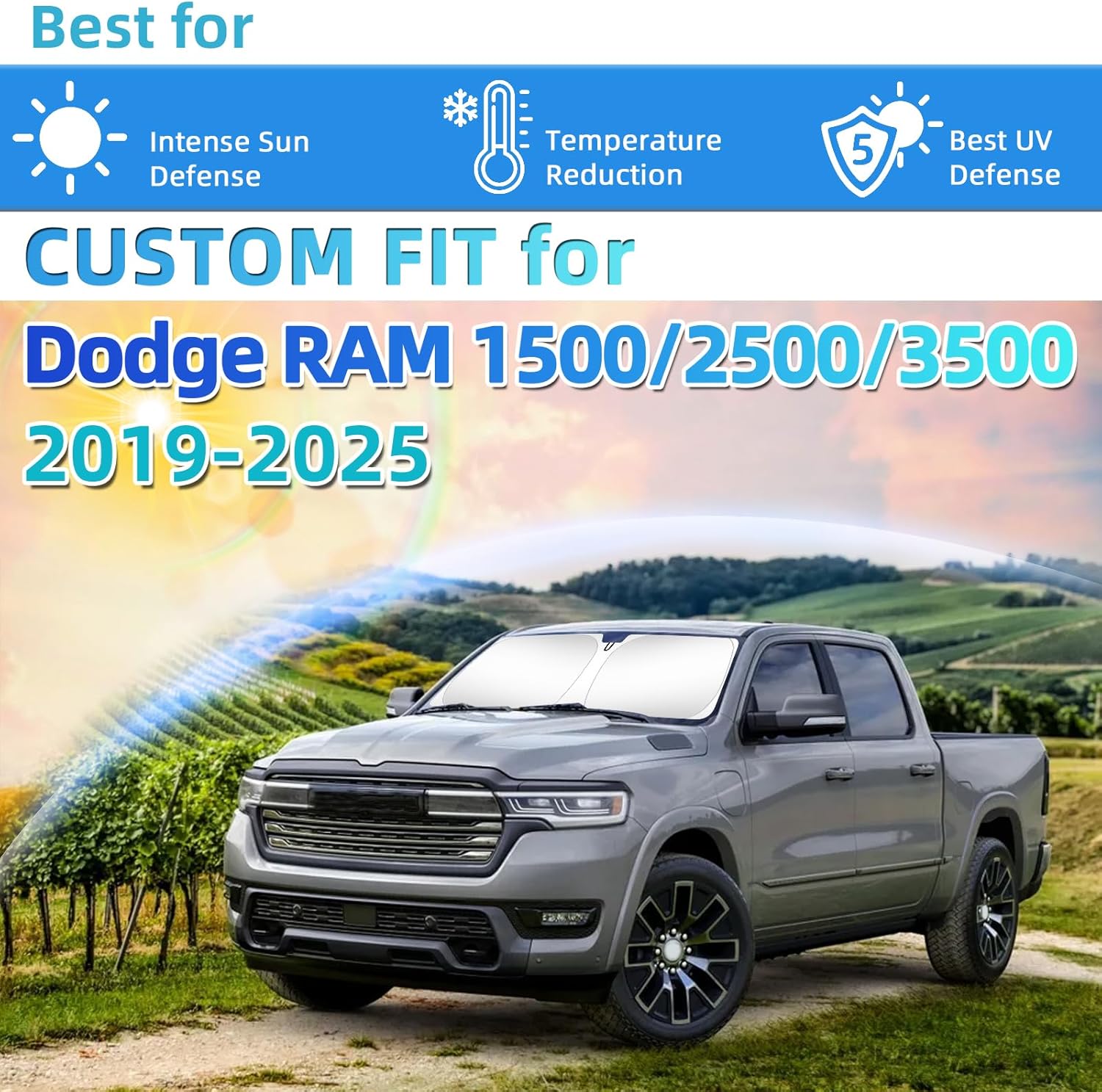 Windshield Sunshade Compatible with Dodge RAM 1500/2500/3500 2019 2020-2023 2024 2025 Accessories Rear Window Sun Shade Visor Shield Cover Full Set Protector 5pcs