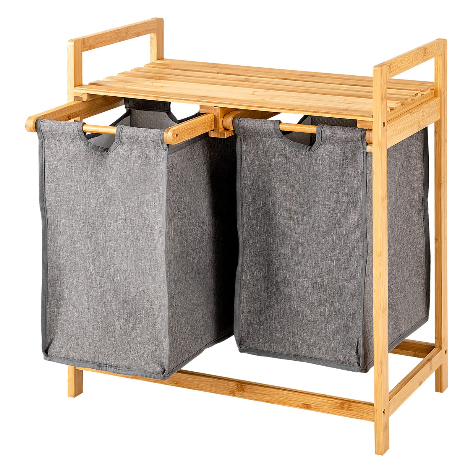 GIANTEX Estantería de Bambú con 2 Cestas Extraíbles para la Ropa, Cesta de Colada con 2 Bolsas de Tela y Estante Superior, 64 x 33 x 73 cm, Mueble de Almacenamiento para Baño, Lavandería (Gris)