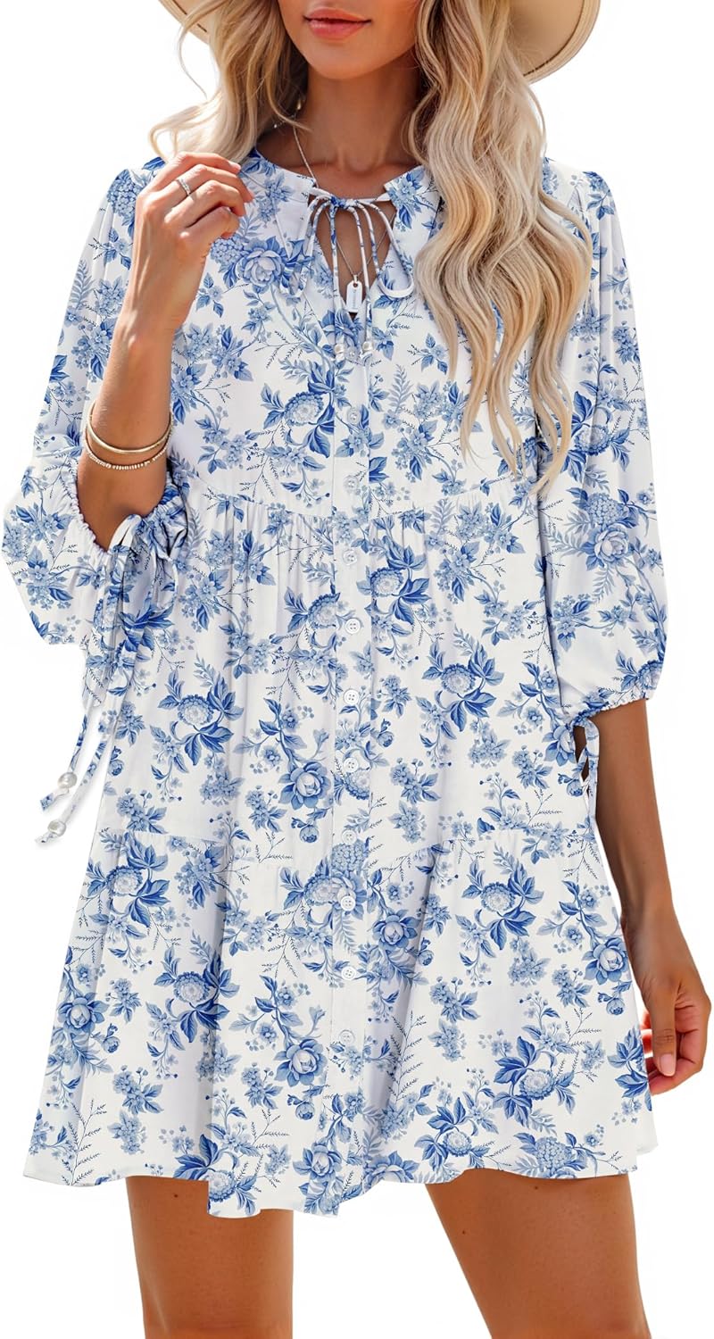 Summer Mini Dresses Casual V Neck Drawstring Button Down 3/4 Sleeve Boho Floral Flowy Beach Shirt Dress Pockets - Image 8