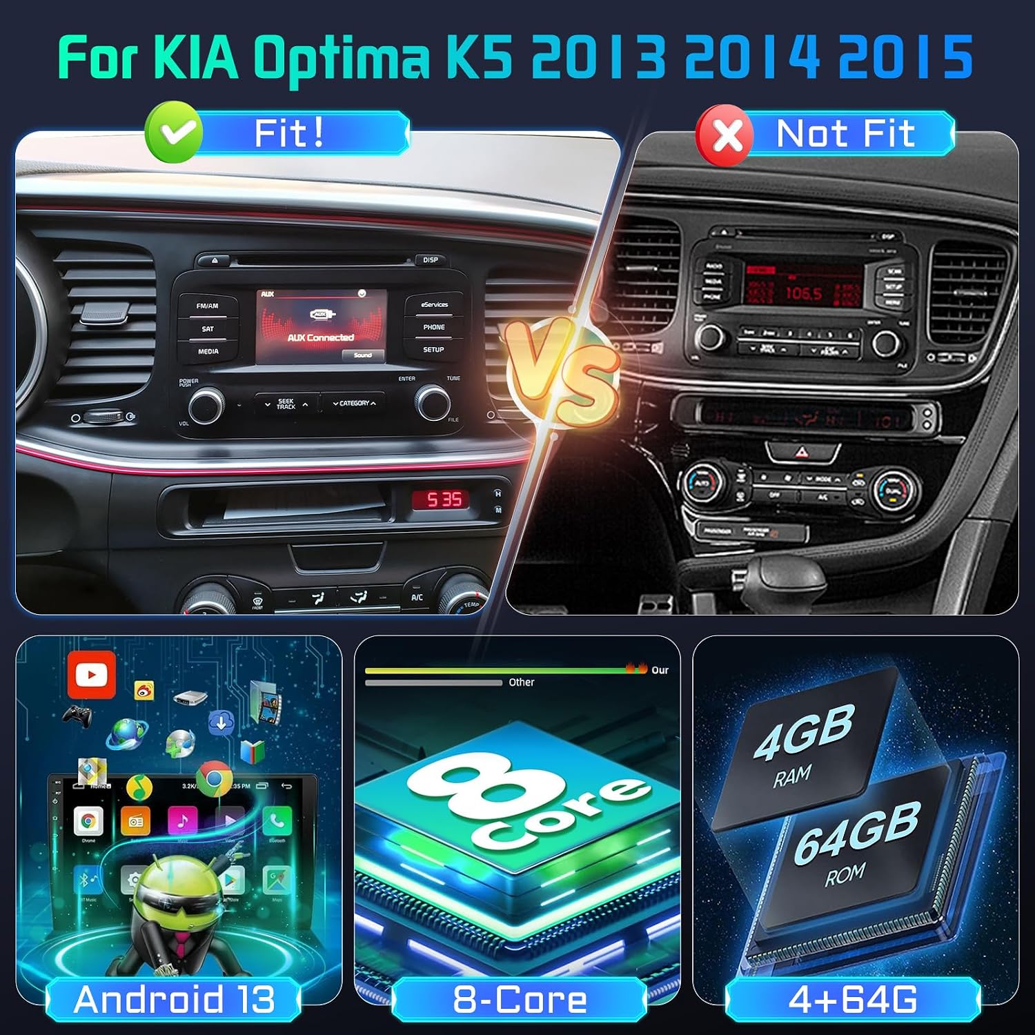 [8-Core 4+64G] Upgrade Radio for KIA Optima K5 2013-2015: 9 inch IPS 1280*720P Touchscreen Android Stereo - Wireless Carplay & Android Auto, 4G/WiFi Module, FM/AM/RDS Radio, GPS, SWC + Backup Camera