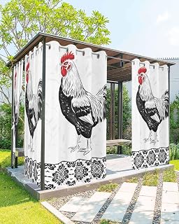 Outdoor Curtains for Patio, Farm Chicken Waterproof Blackout Outside Curtain for Porch/Pergola, Vintage Black Animal Boho Flower Floral Thermal Insulated Drapes for Cabana, 1 Panel, 54 x 108 Inch