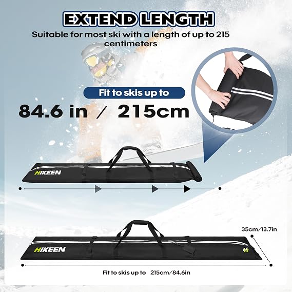 Hikeen Ski Bag for Air Travel,Full Padded Ski Bag Protection, Waterproof Reinforced Ski Travel Bag Fits for Skis Up to 215 CM, Perfect for Skiing, Storage and Transport