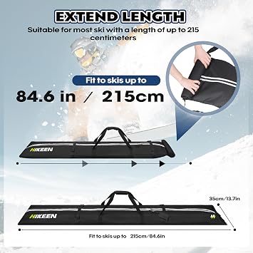 Hikeen Ski Bag for Air Travel,Full Padded Ski Bag Protection, Waterproof Reinforced Ski Travel Bag Fits for Skis Up to 215 CM, Perfect for Skiing, Storage and Transport
