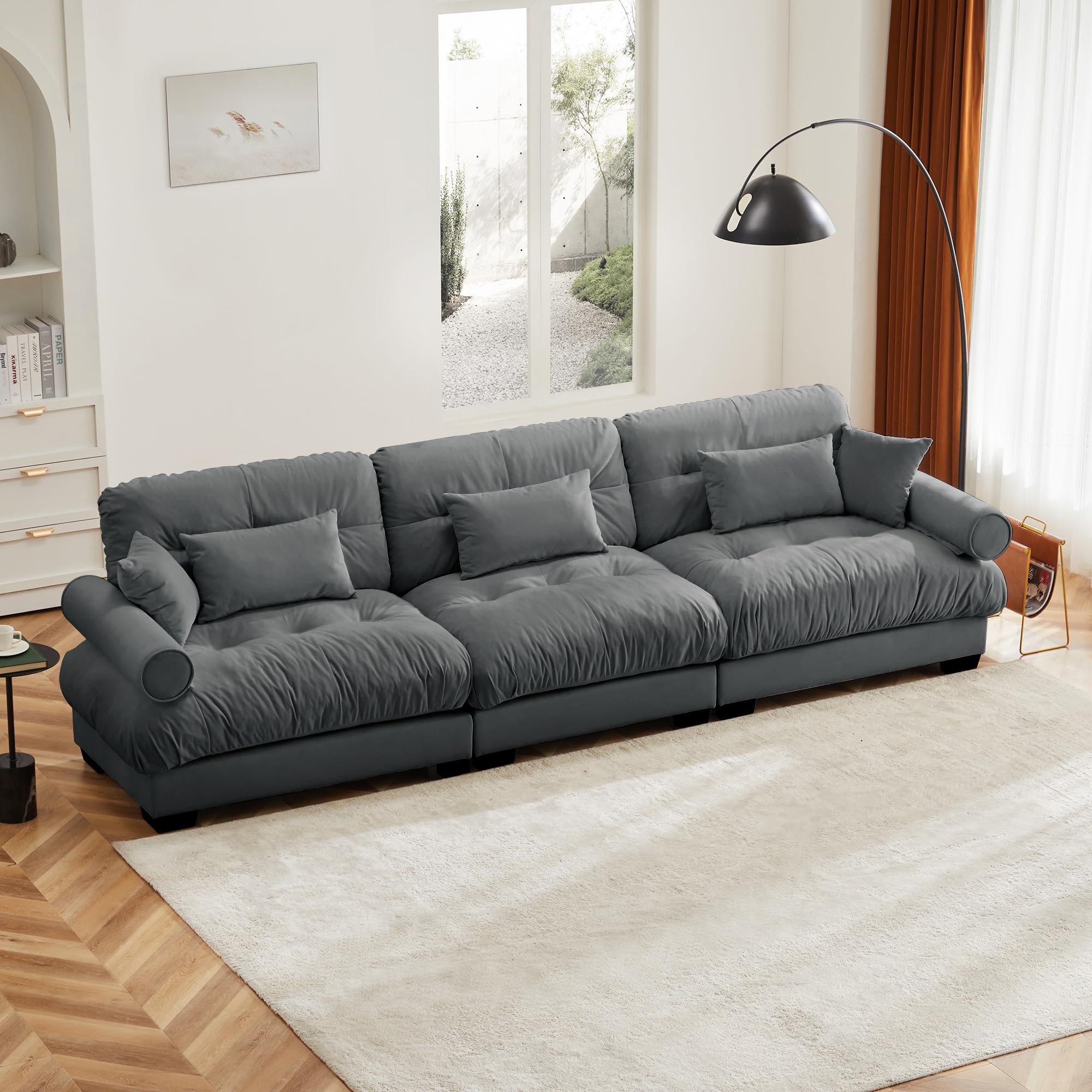 130" Modular Sectional Sofa, Oversized 3-Seater Couch with Pillows, Comfy Velvet Fluffy Cloud Couch, Deep Seat Sofas Couches for Living Room