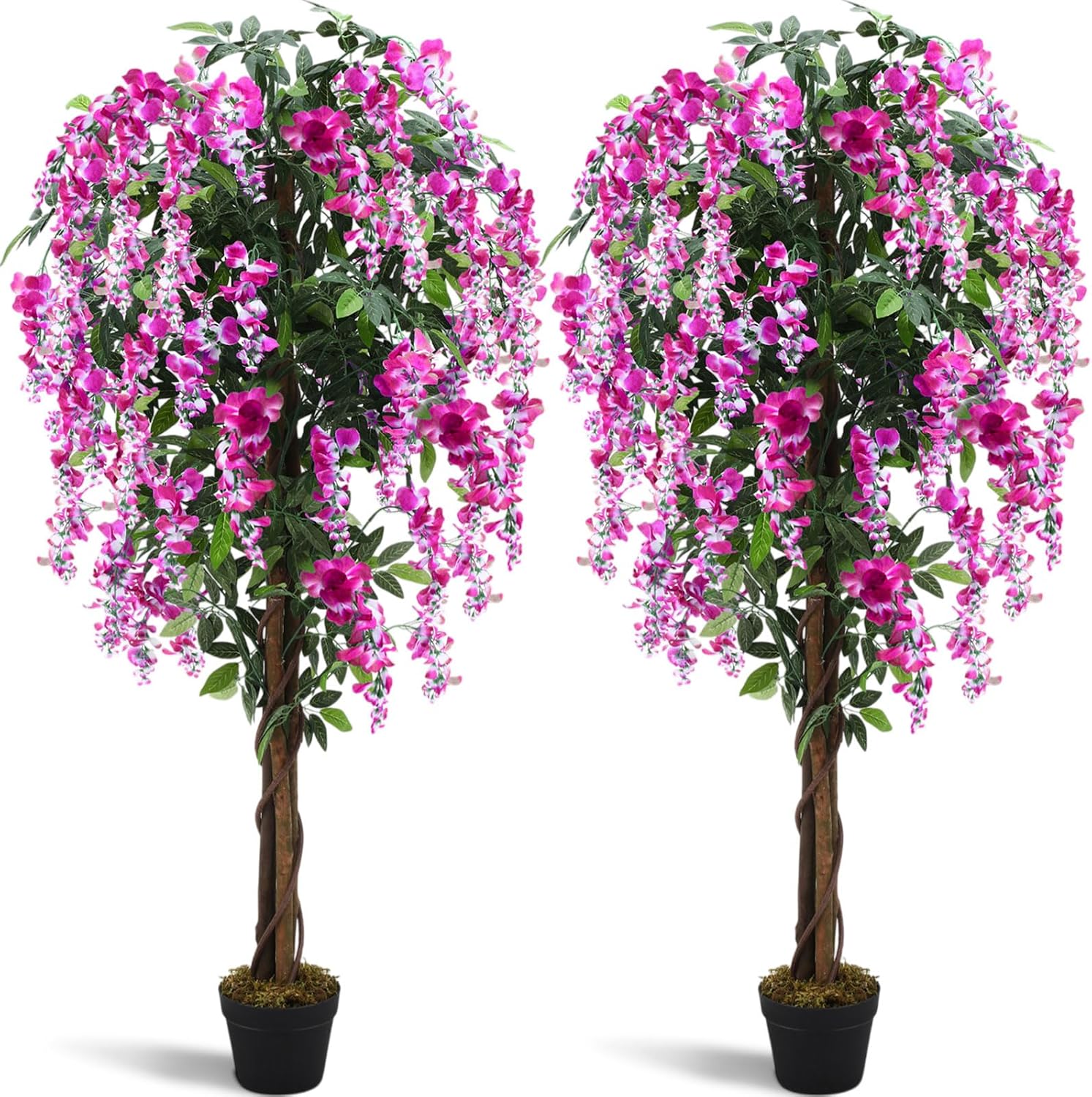 2 Pack 5ft Artificial Wisteria Tree Tall Fake Tree with Cement Base Pot Faux Floor Plant Decoration for Indoor Outdoor Home Office Housewarming Gift