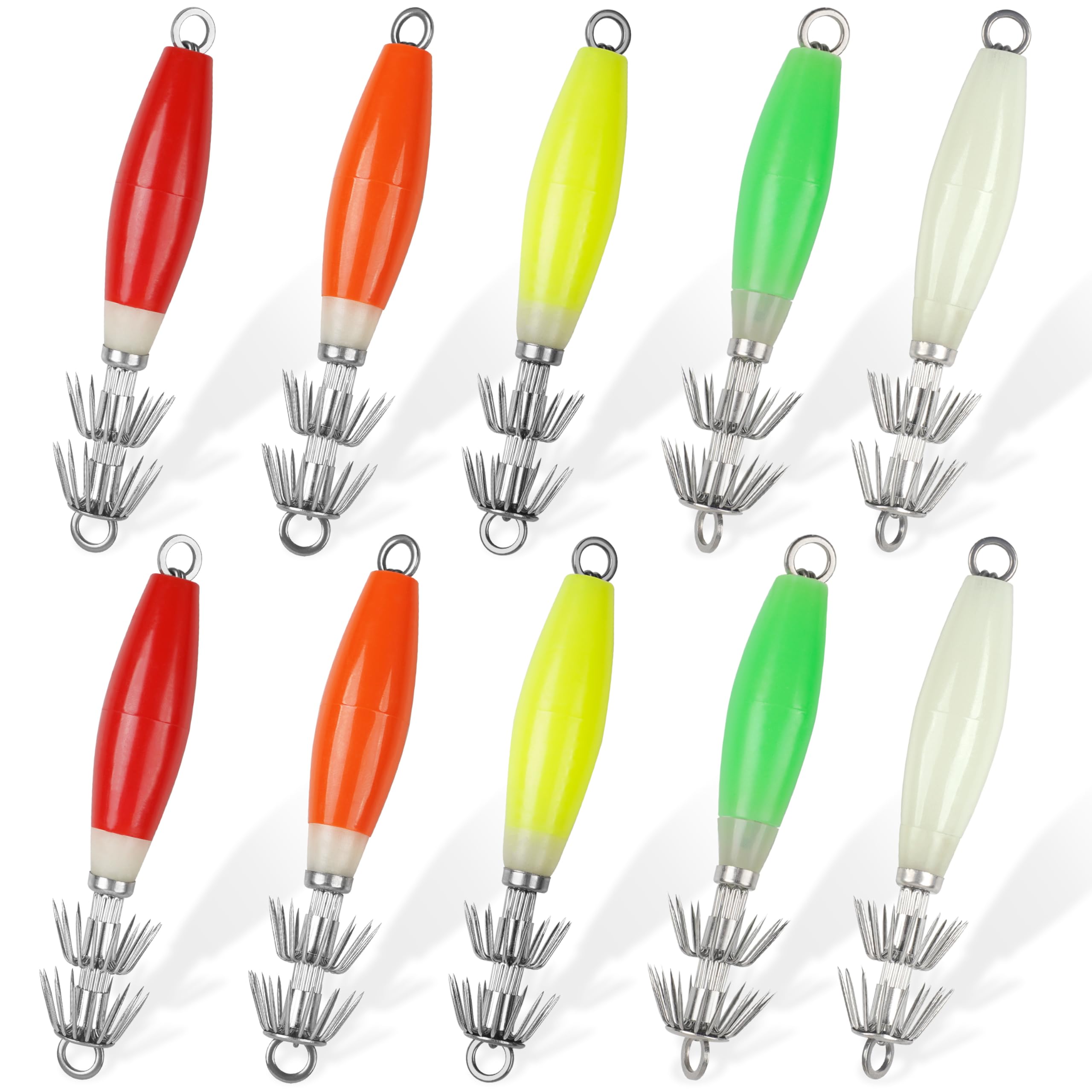 Luminous Squid Jigs Saltwater Fishing Lures, 5pcs/10pcs Glow Squid Jig Hooks Fluorescent Cuttlefish Sleeve Night Fishing Bait Octopus Lures Set with Tackle Box
