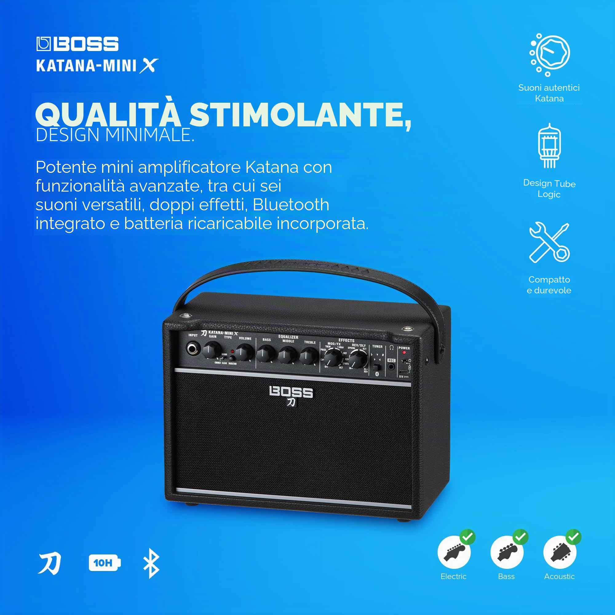 Boss Katana-Mini X - Amplificatore portatile per chitarra, 10 Watt, 1 x 5"