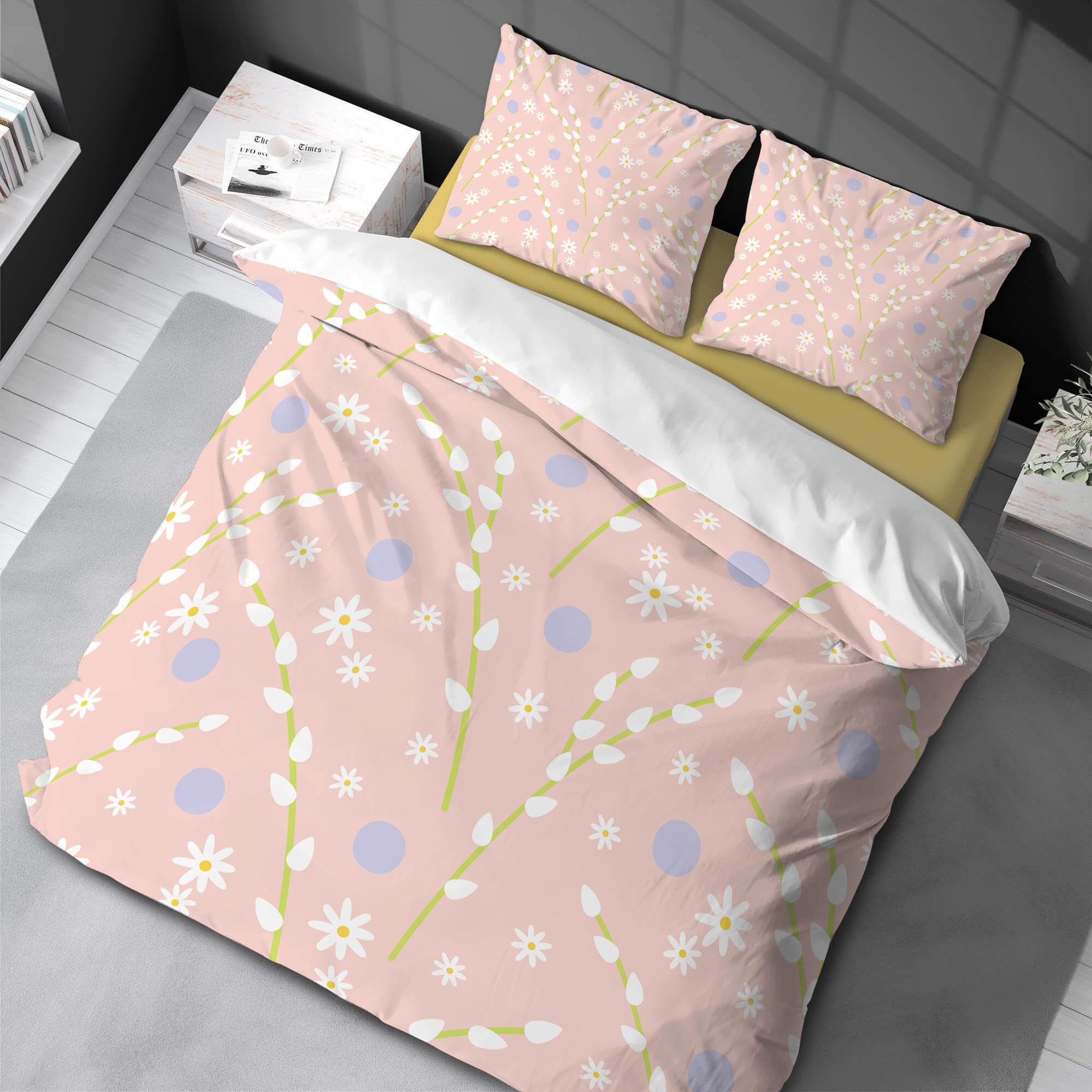 Parure de lit rose à fleurs avec housse de couette 200x250cm et 2 taies d'oreiller pour lit double