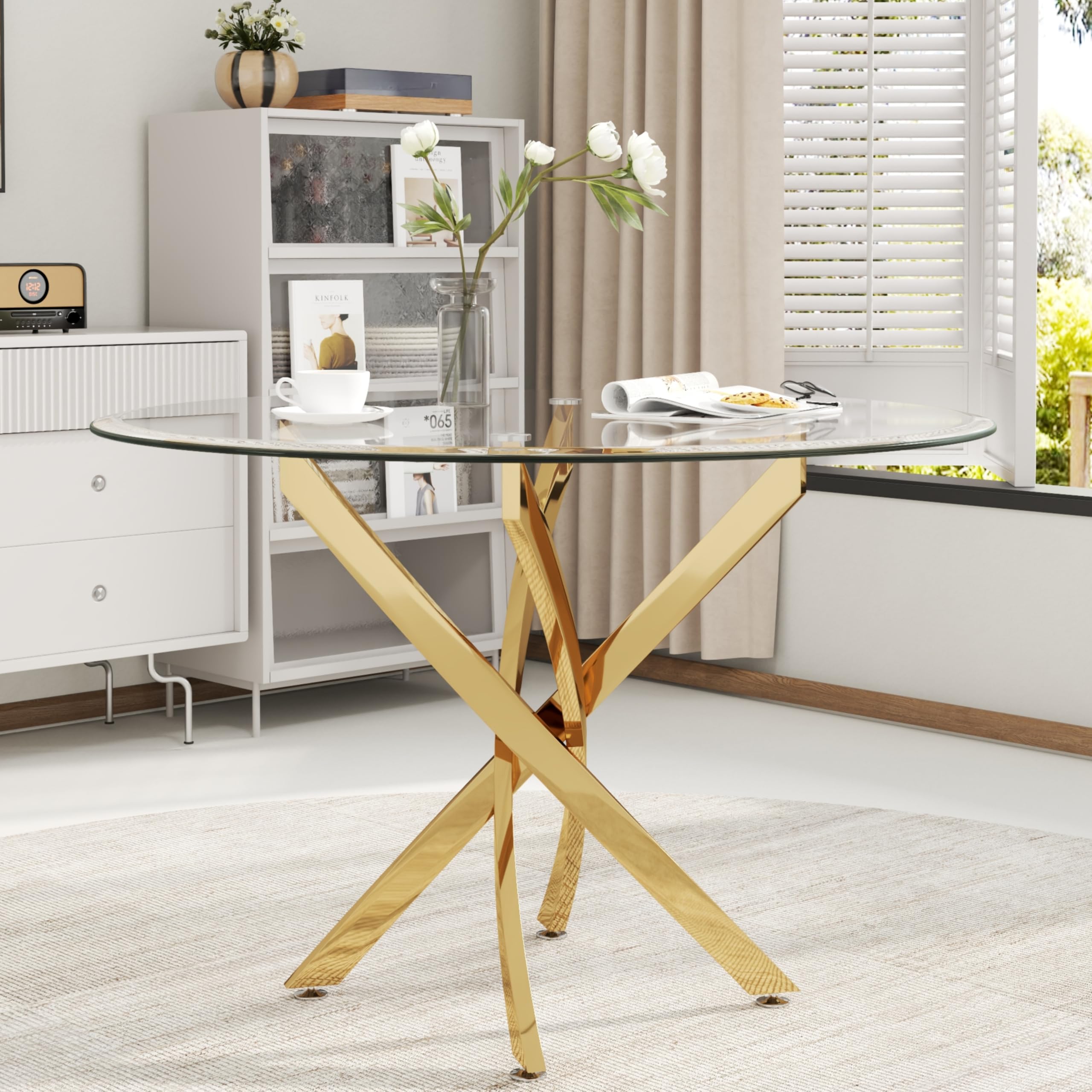 36 inch Round Glass Dining Table for 4 People,Modern Dining Room Table with Gold Stainless Steel Base,Dining Room/Apartment/Bistro Setting