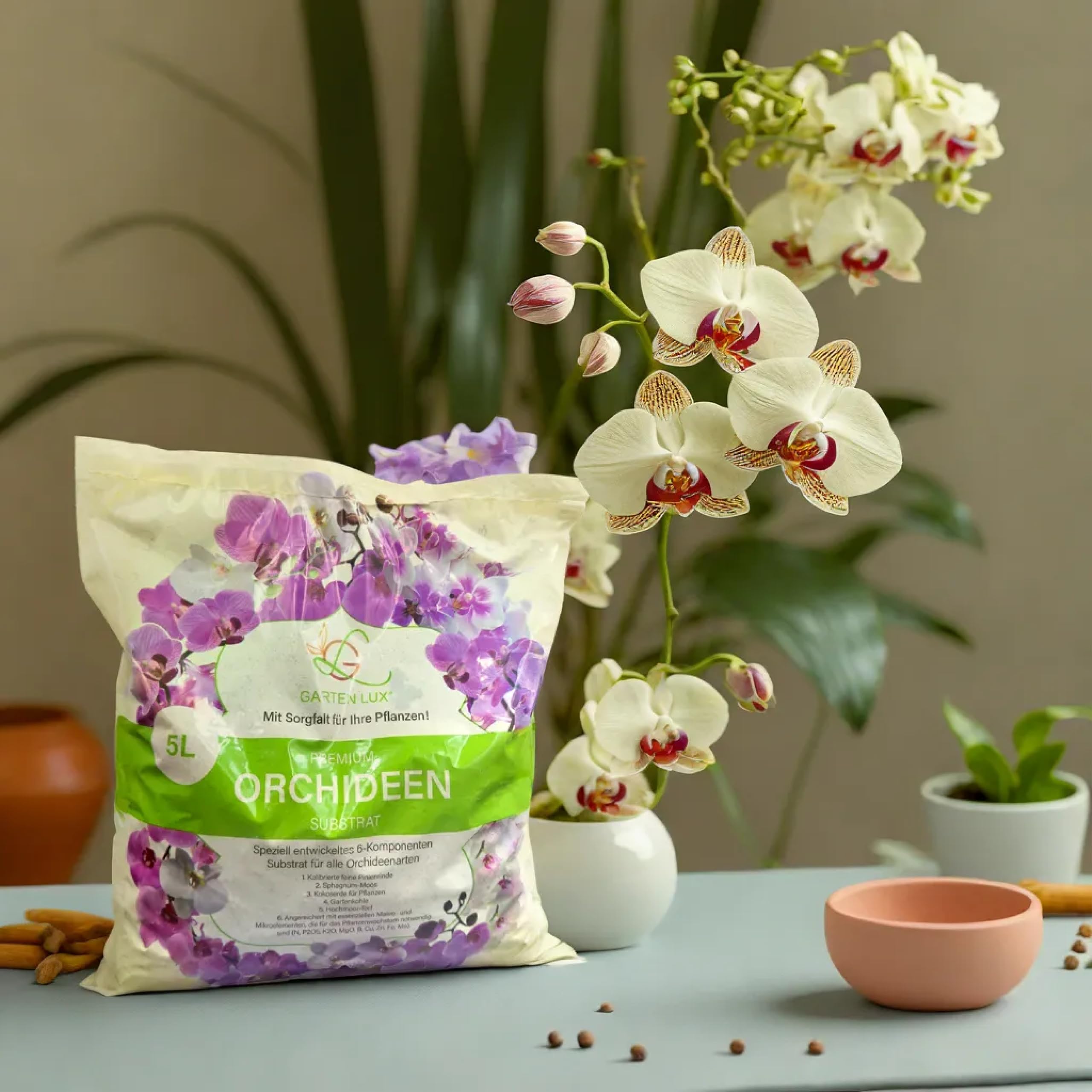 Garten Lux Premium ziemia do storczyków, 5 l, 6 komponentów, podłoże dla zdrowego wzrostu i optymalnej pielęgnacji roślin storczyków, idealne podłoże dla wszystkich rodzajów storczyków