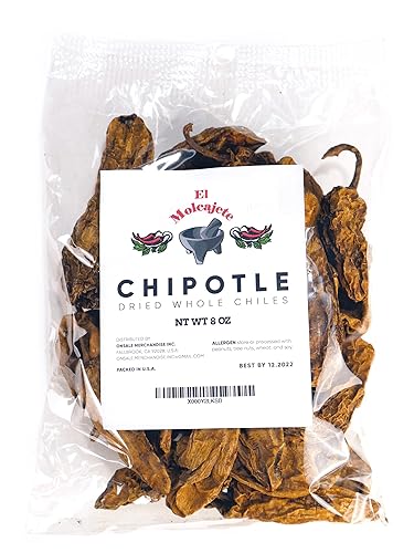 Chipotle seco entero Meco Chile 8 oz Marca El Molcajete para recetas mexicanas, tamales, salsa, chili, carnes, sopas, guisos y barbacoa