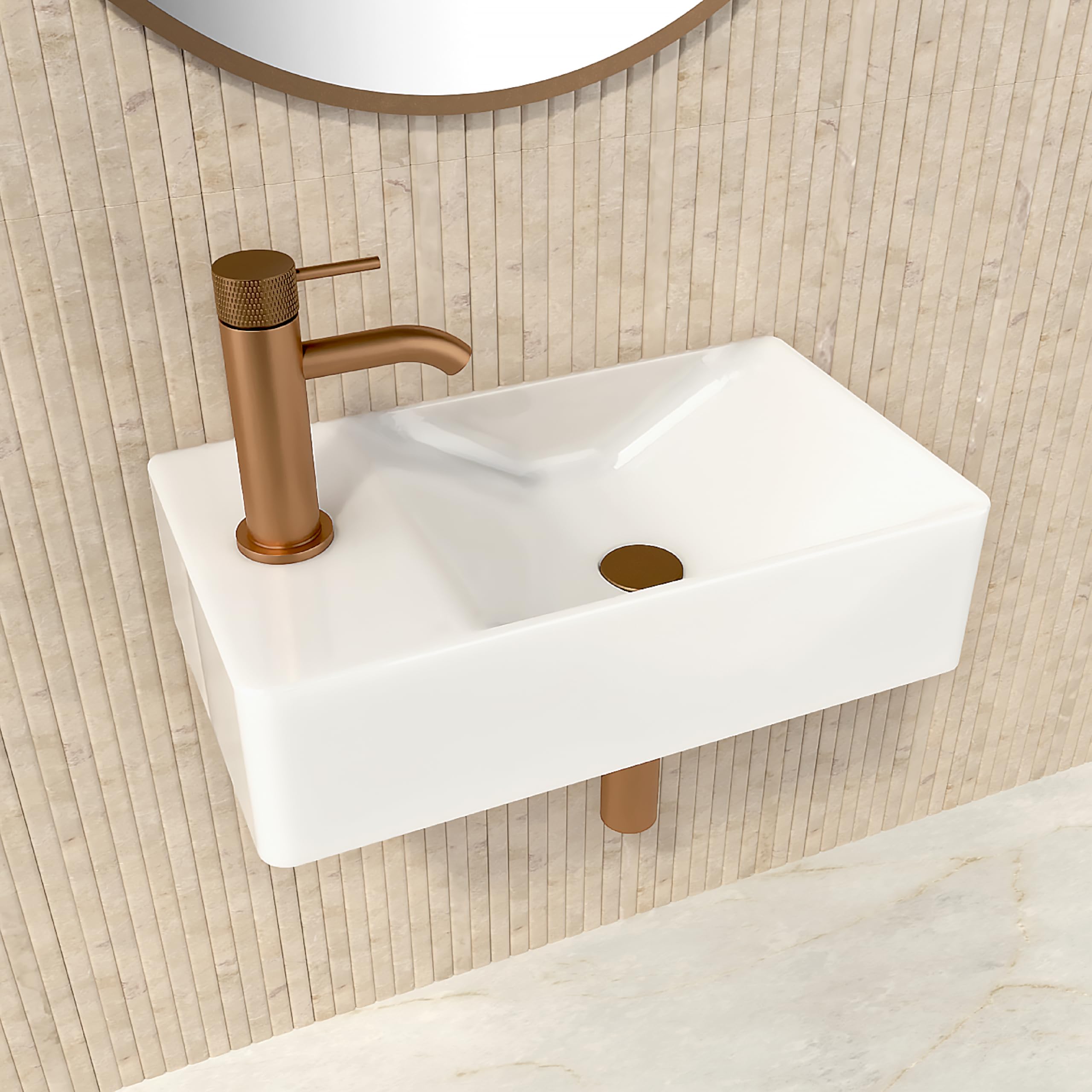 HOGART lavabo pequeño baño 38x22 cm, lavabo cerámica rectangular, lavabo suspendido pared o sobre encimera, con orificio para grifo, sin rebosadero, aseo invitados moderno (38x22 cm (R))