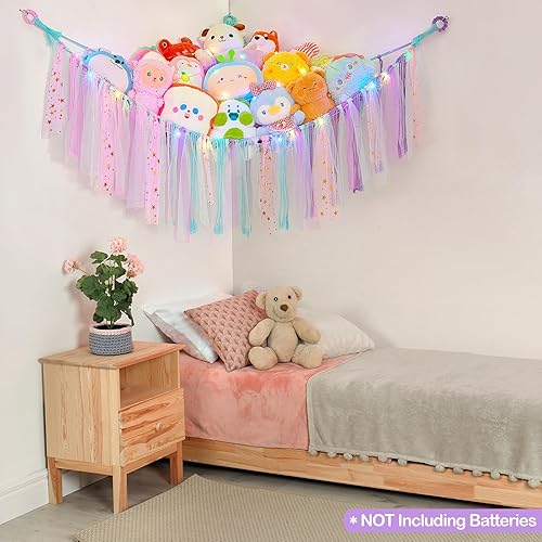 Miniatura 7 de FIOBEE Red de animales de peluche o hamaca con luz LED, hamaca de juguete colgante para animales de peluche, organizador de almacenamiento para