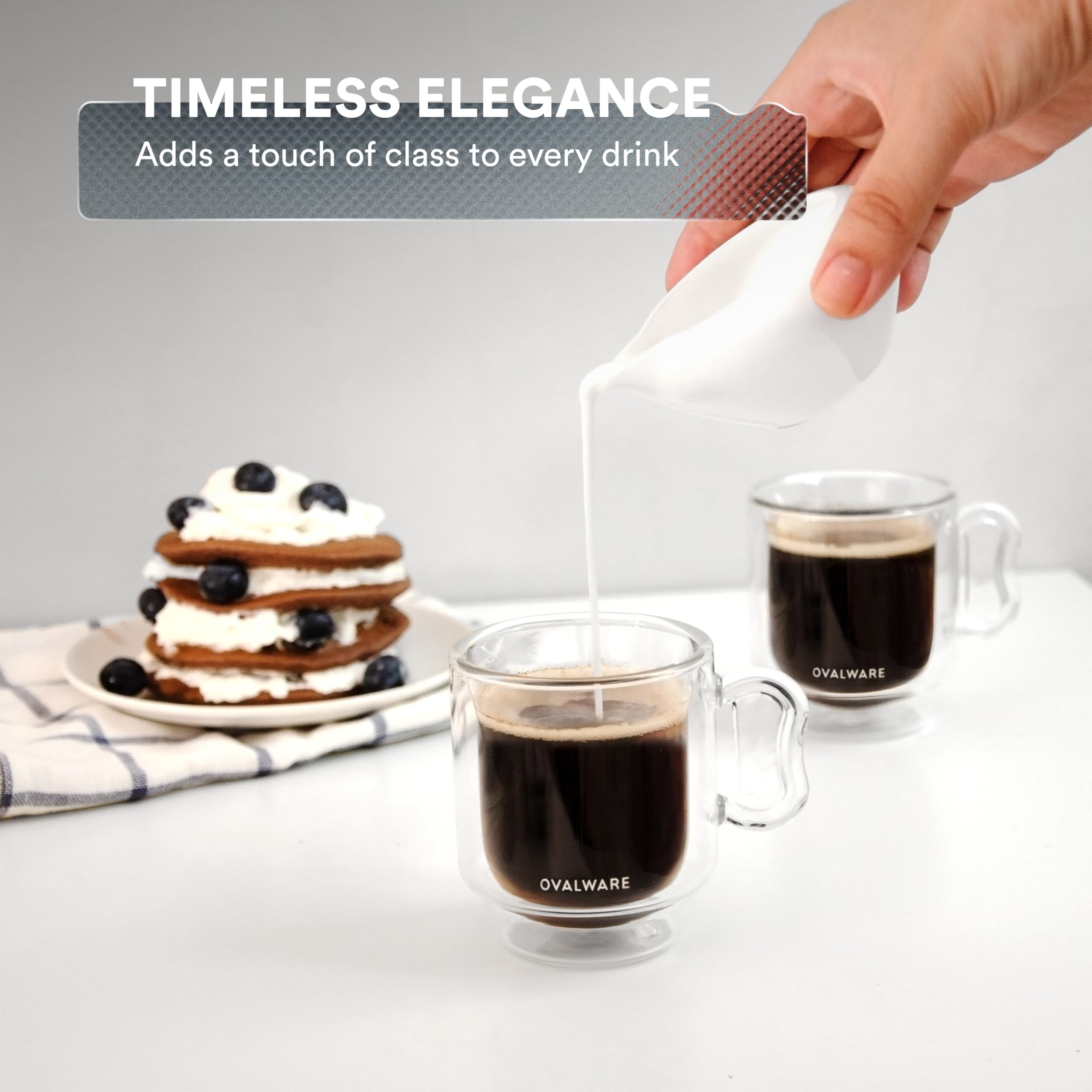 ovalware RJ3 Filiżanki do kawy espresso, 120 ml, zestaw 2 sztuk, podwójne ścianki z solidnym uchwytem motylkowym, elegancki kubek borokrzemowy do espresso z możliwością układania w stos, izolowane,