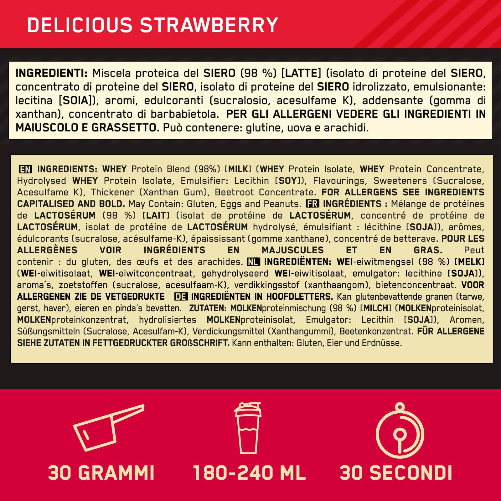 Optimum Nutrition Gold Standard 100% Whey Protéines en poudre avec acides aminés Fraise 780g 26 portions + Shaker