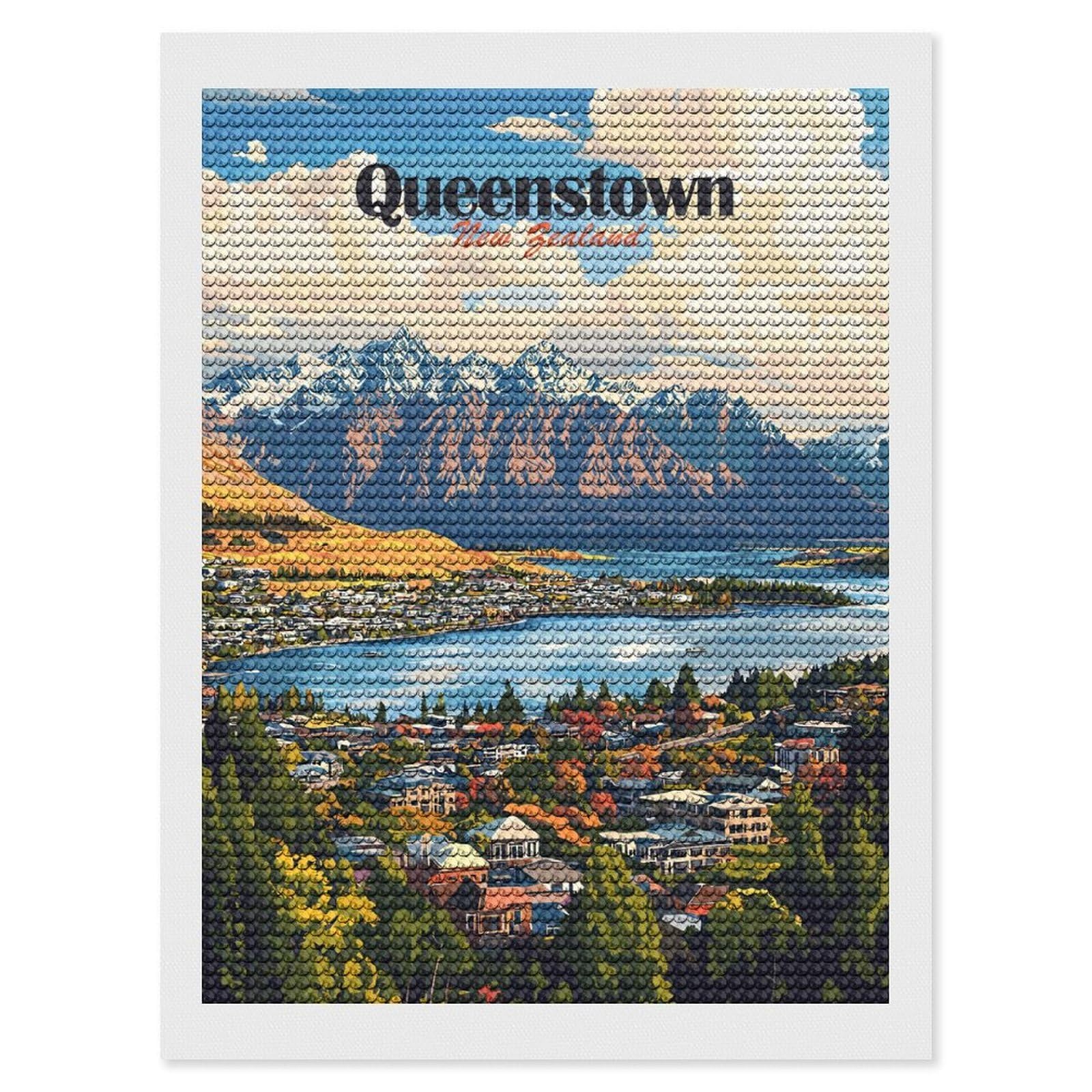 Junmoney Queenstown New Zealand Scenic Landscape Art Diamond Painting Canvas Set 12"x16", Satisfying Creative Project, Easy to Follow Symbols, Fun Craft Experience