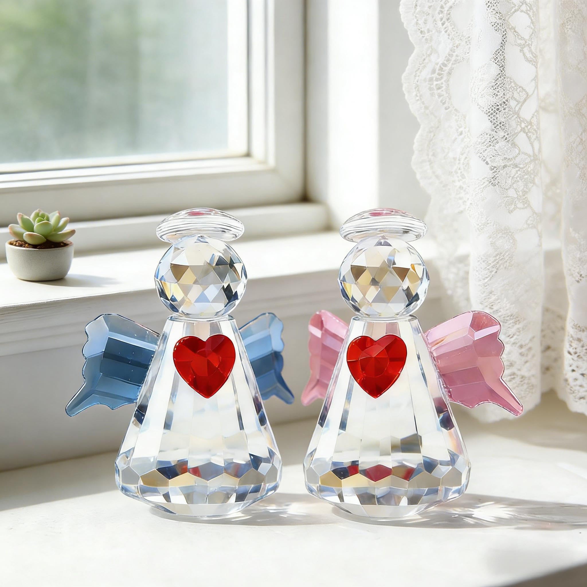 DLXK 2-Piece 2.5" Crystal Guardian Angel Figurine Set, Handcrafted Glass Angel Ornaments - Home Office Tabletop Display Paperweight, Perfect Valentine's/Birthday Gift for Women Girls