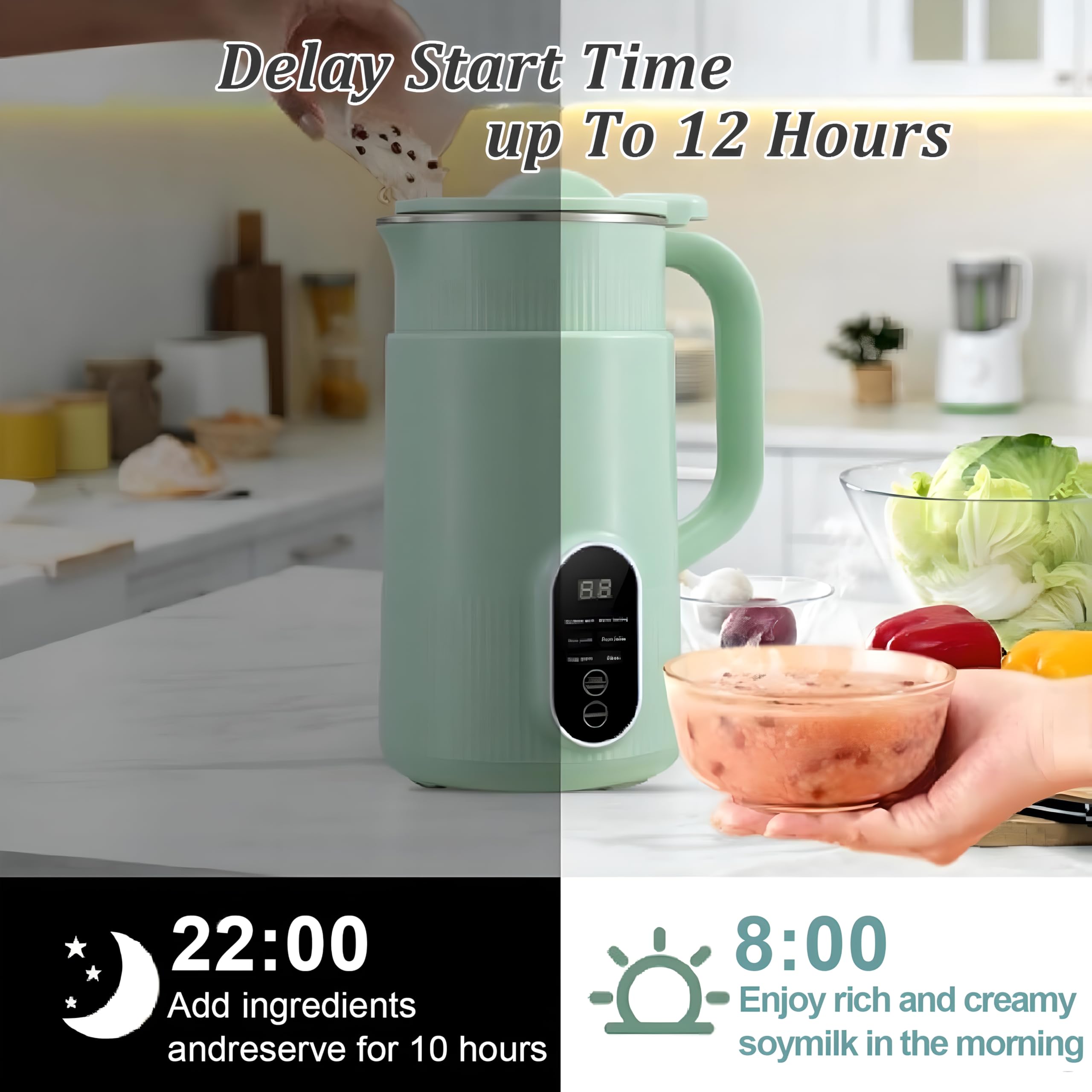 Automatyczna maszyna do produkcji mleka sojowego, 800 ml, automatyczna maszyna do produkcji mleka roślinnego z orzechami, 12-godzinnym timerem i funkcją utrzymywania ciepła, funkcj