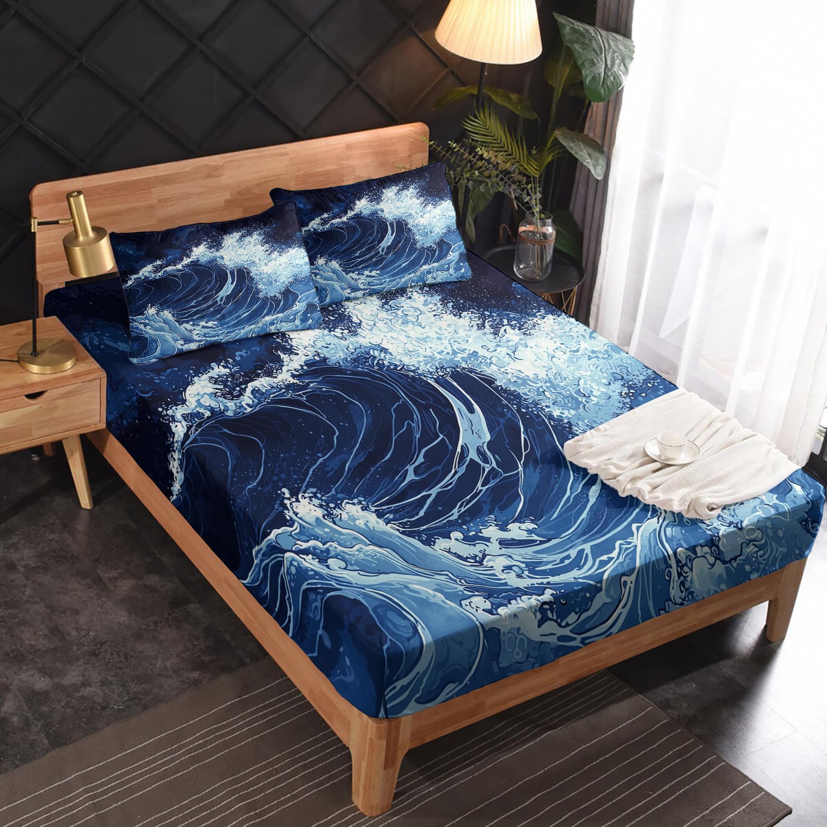 Zvynqour - Ocean Wave Sheet Set California King Size Ukiyo-e Bedding 16 Inch Deep Pocket 4 Piece Japanese Style Bedroom Decor