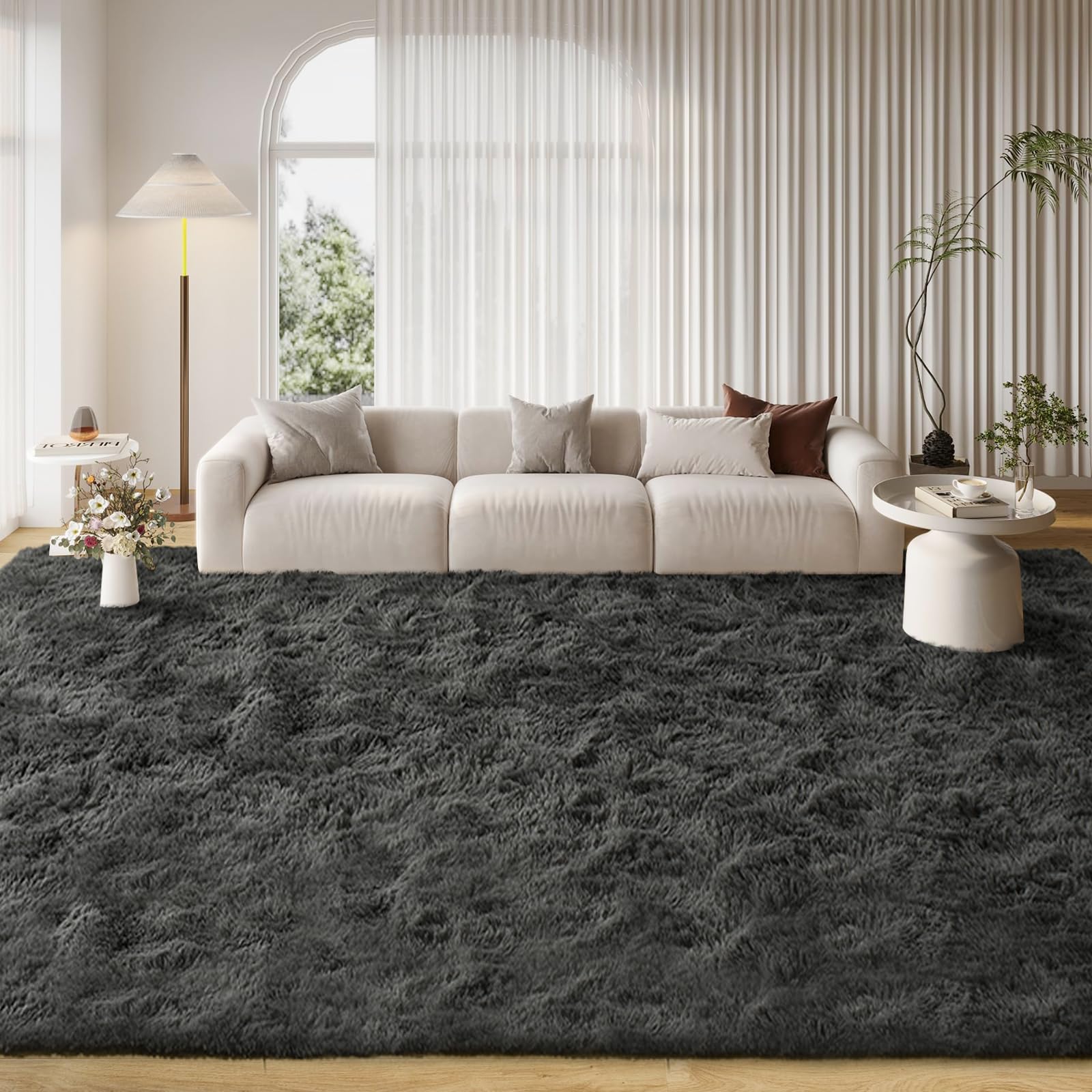 FinRèc 8x10 Feet Rugs for Living Room Bedroom, Soft Dark Grey Fluffy Area Rug, Non-Slip Solid Shag Rug for Nursery Kids Room Dorm Room Home Decor,
