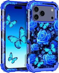  for iPhone 17 Pro Max Case,Glow in The Dark Three Layer Heavy Duty Shockproof Protection Hard Plastic Bumper+Soft Silicone Case for iPhone 17 Pro Max,Deep Blue Flower