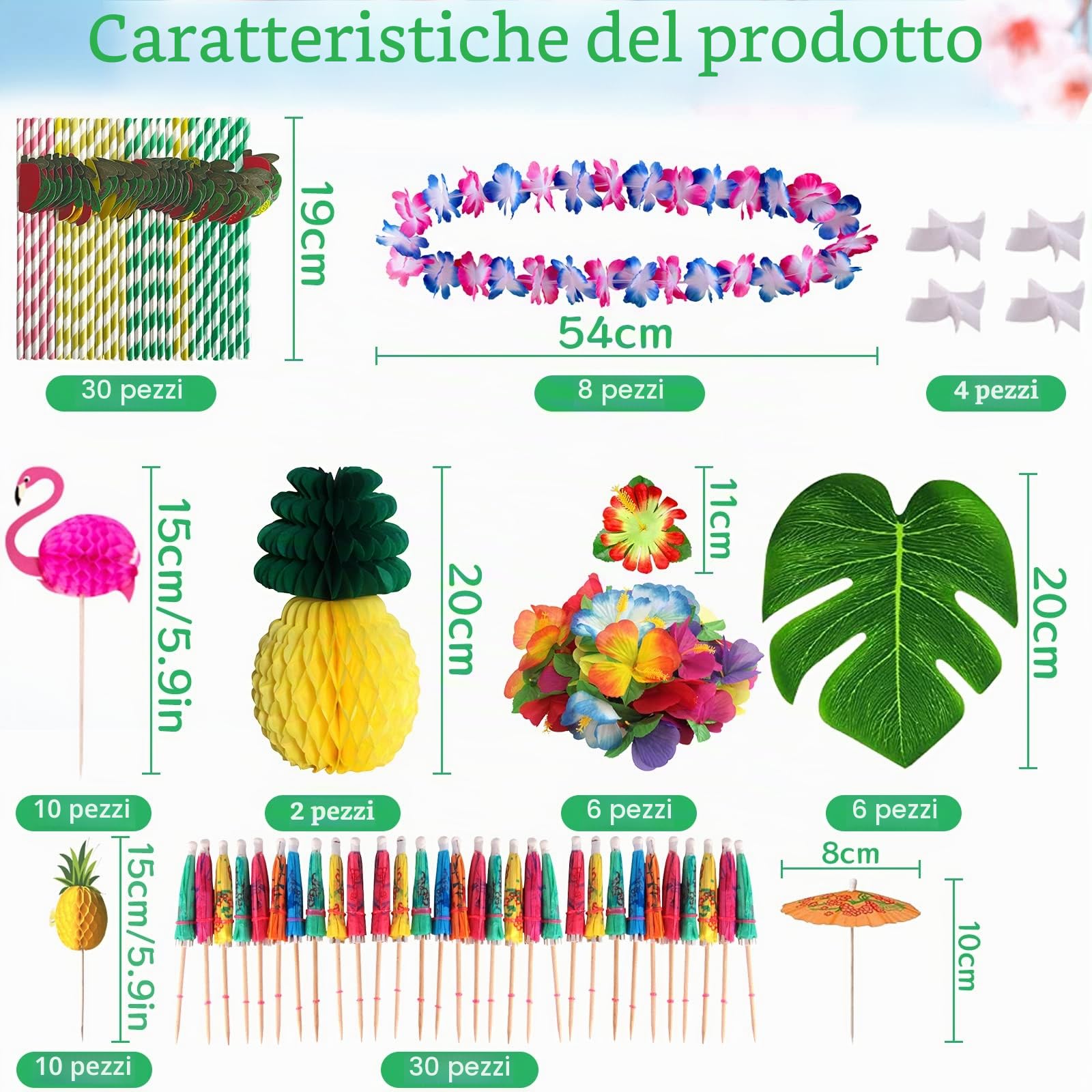 107 Pezzi Gonna Tavolo Hawaiana Tovaglia da Tavolo Set，Kit di Decorazioni per Feste Hawaiane，Foglie di Palma Fiori Hawaiani Cake Decorazioni, Perfette per la Spiaggia Estiva e Feste a Tema Hawaiano
