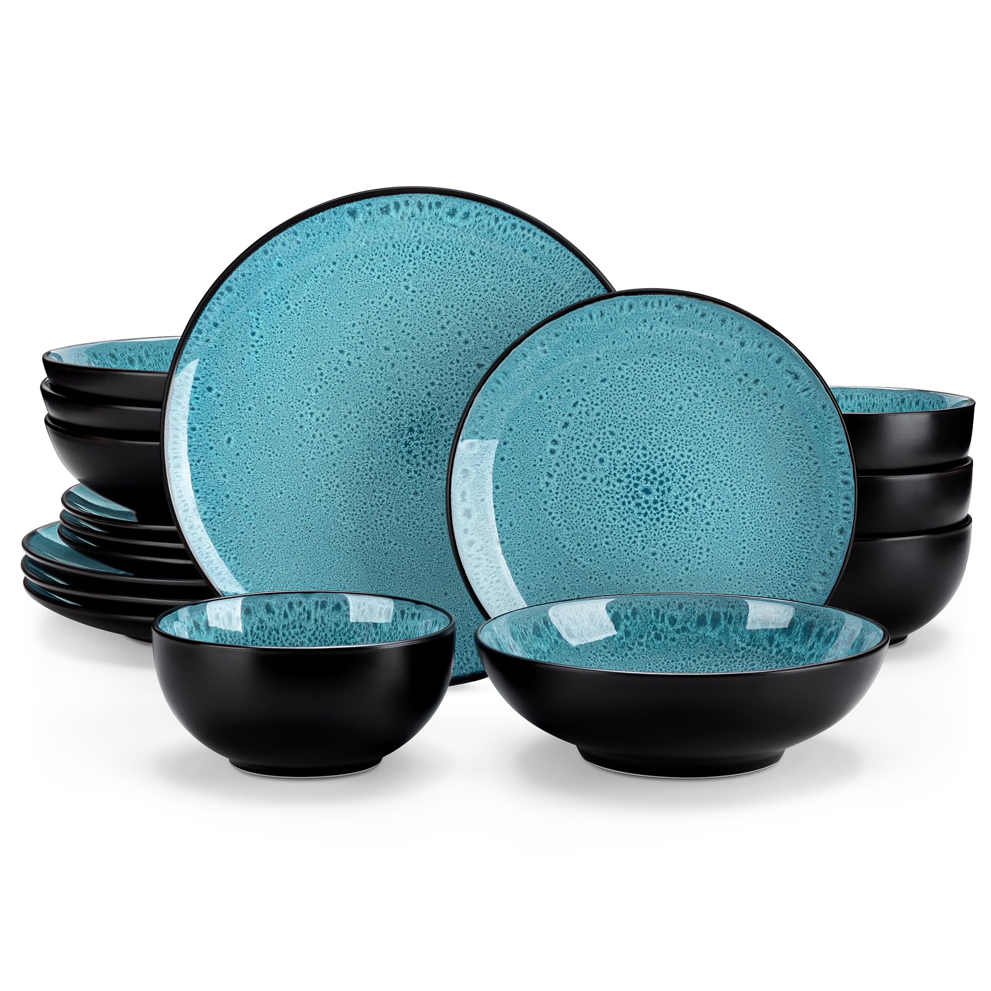 vancasso Bubble Green Dinner Set, 16 Pieces Dinner Sets for 4 People, Reactive Glaze Plates and Bowls Set in Vintage Look, Include Dinner Plates, Dessert Plates, Pasta Bowls and Cereal Bowl