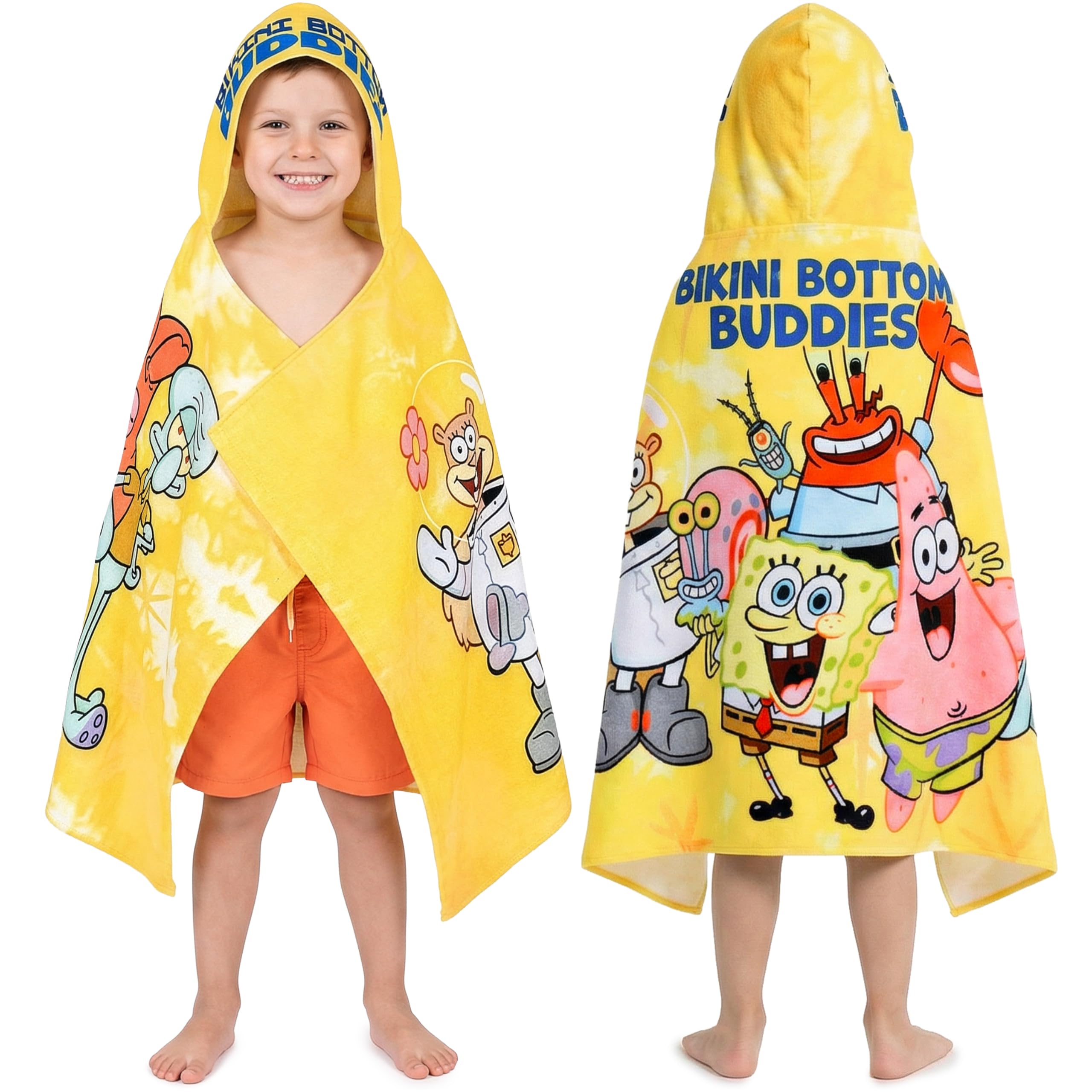 SpongeBob SquarePants Hooded Towels for Boys, Cotton Bath & Beach Towel Poncho, Soft Absorbent Hooded Kids Shower Swimming Wrap & Changing Robe, Shower, Travel Holiday Essentials (Yellow SpongeBob)