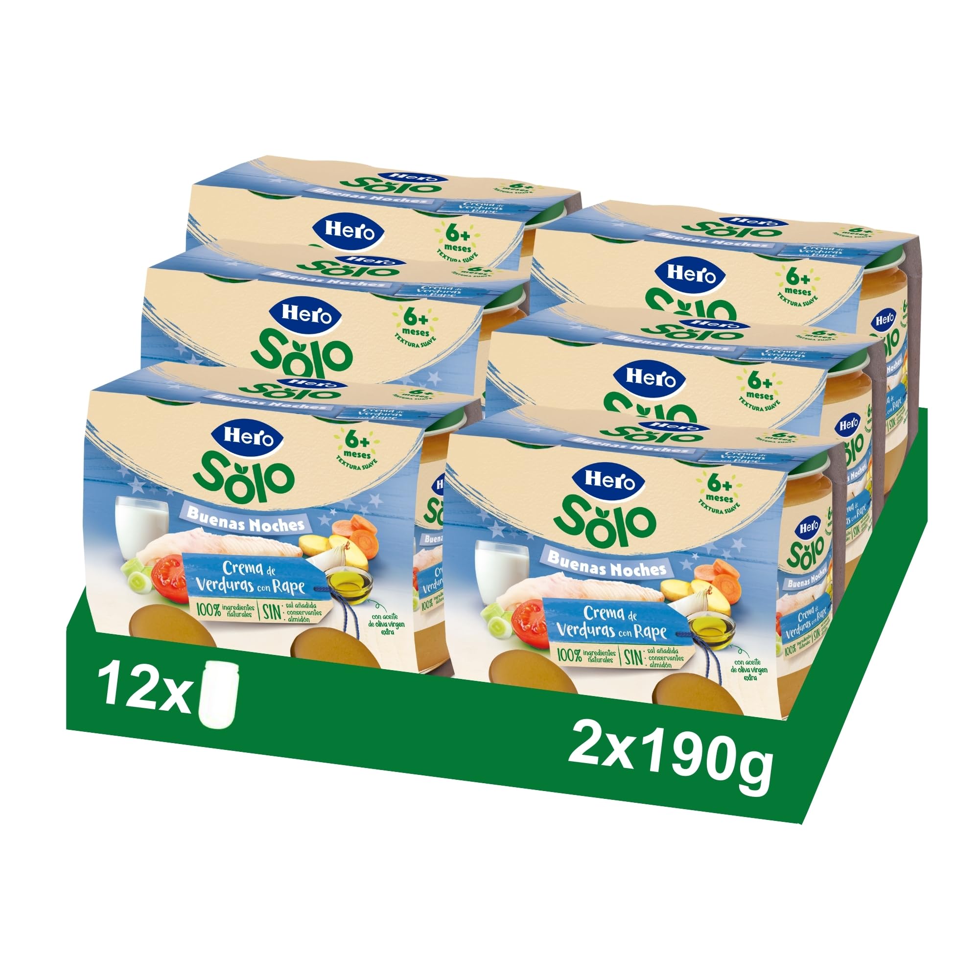 Hero Baby - Tarritos Infantiles, Buenas Noches Tarritos de Crema de Verduras con Rape, Alimento Infantil para Bebés a Partir de los 8 Meses - 190 g (Paquete de 12)