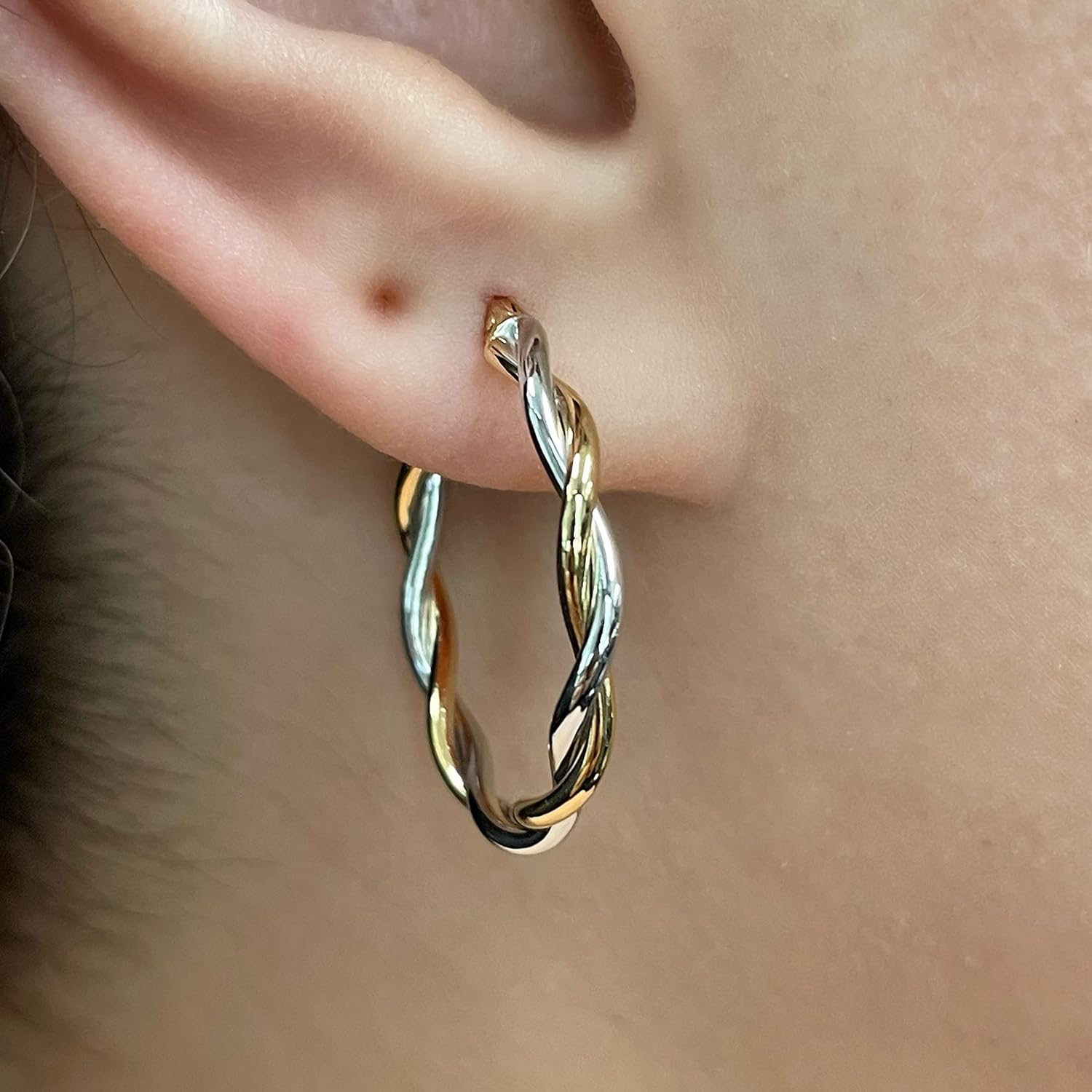 Italian 14k Yellow & White Gold Polished Twisted Medium Hollow Hoop Earrings - Image 4