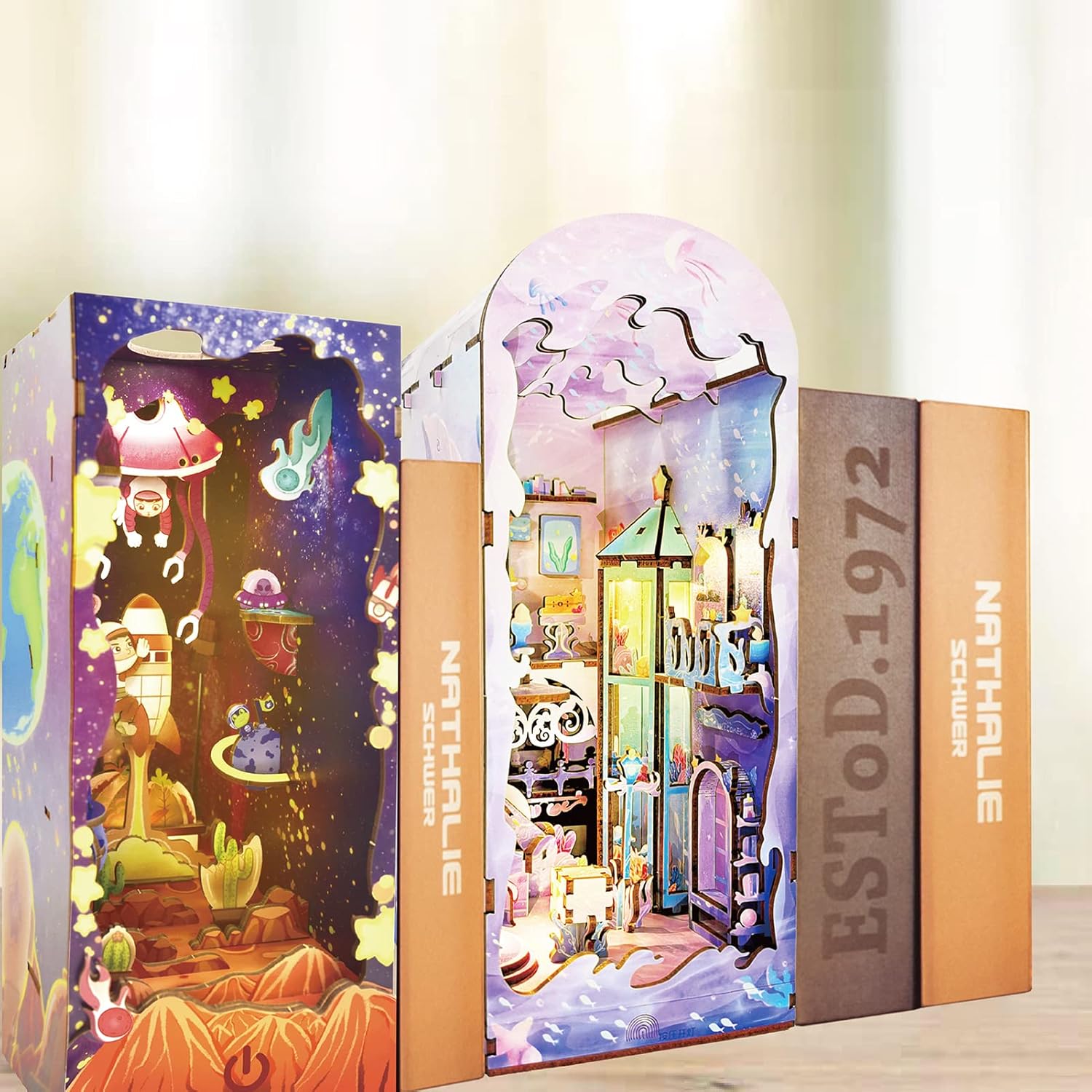 Spilay DIY Dollhouse Miniature Book Nook Assemble Kit,3D Wooden Puzzle Bookshelf Insert Decor with Sensor Light,Bookends Model Build-Creativity Kit for Adults Gift (SQ02)