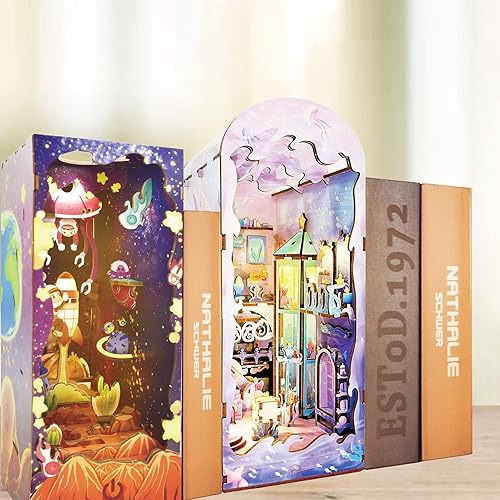 Miniatura 6 de Spilay Kit de montaje de rincón de libro en miniatura para casa de muñecas, rompecabezas de madera 3D con luz sensor, kit de creatividad para