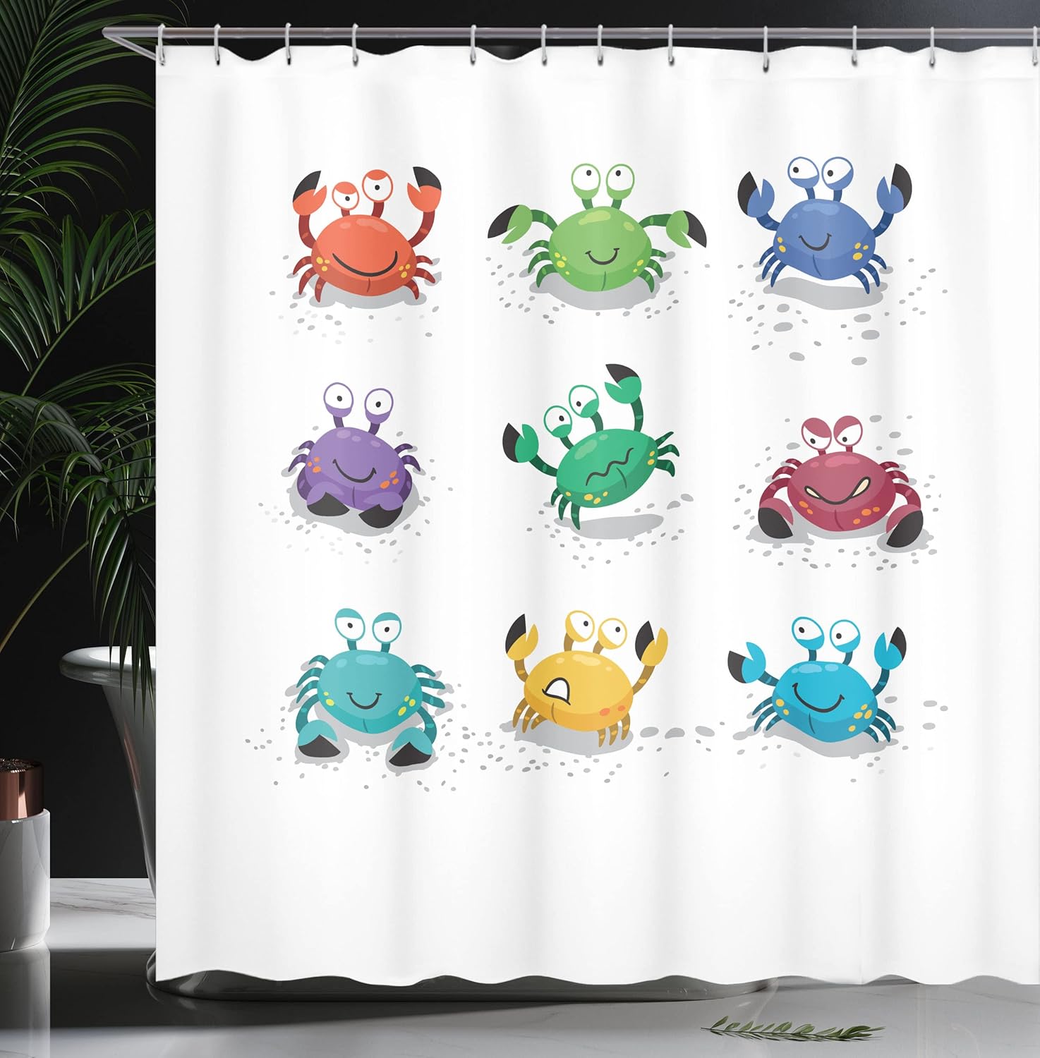 Ambesonne Crabs Shower Curtain, Joyful Cartoon Style Colorful Crab Characters with Various Expressions and Emotions, Cloth Fabric Bathroom Decor Set with Hooks, 69" W x 75" L, White Multicolor