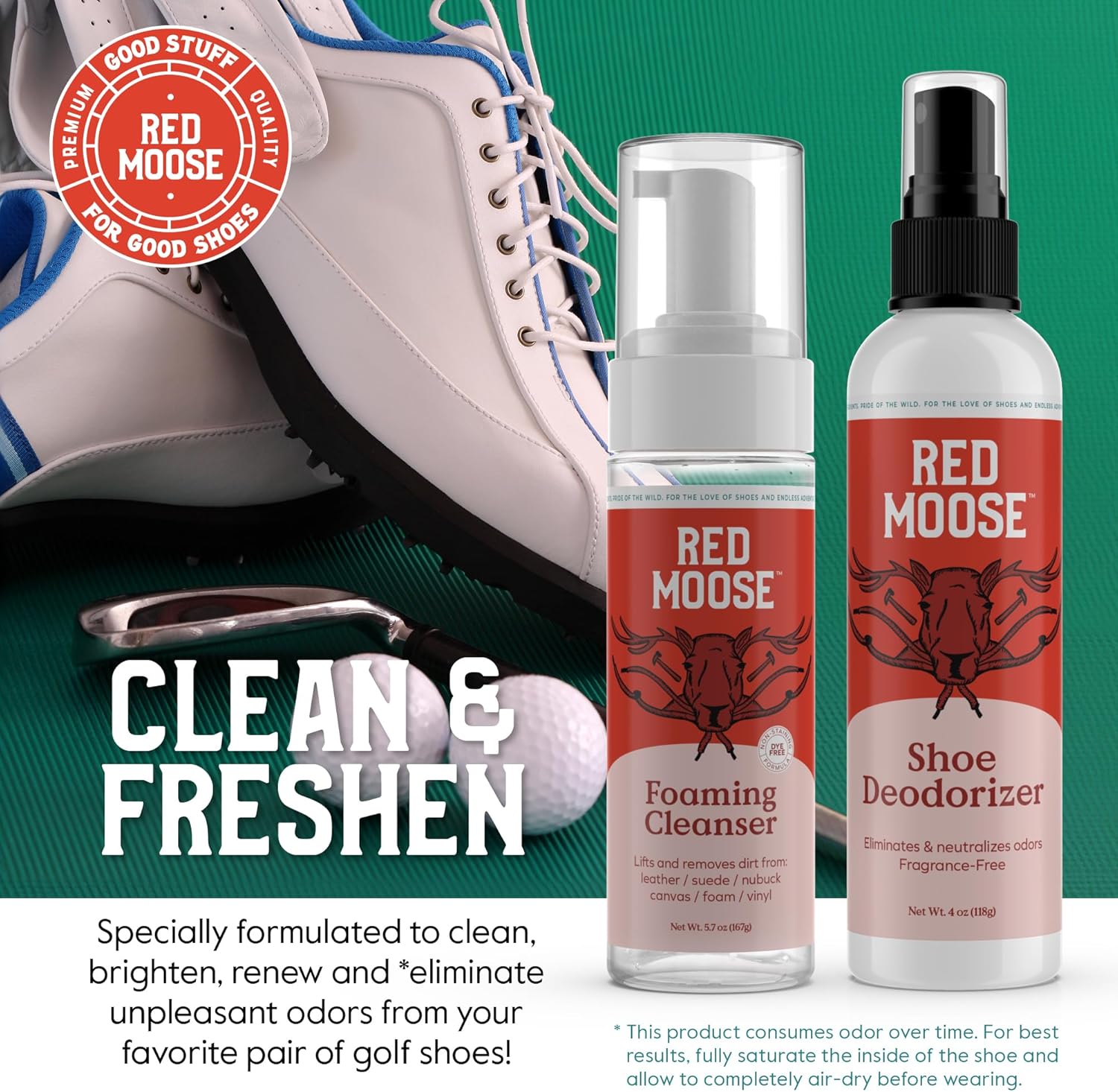 RED MOOSE 7 Piece Golf Shoe Cleaning Kit with White Sneaker Cleaner (Whitener), Foaming Shoe Cleaner, Deodorizer, Stain Eraser, Microfiber Cloth, 2 Brushes & Storage Bag - Golf Gifts for Men & Women