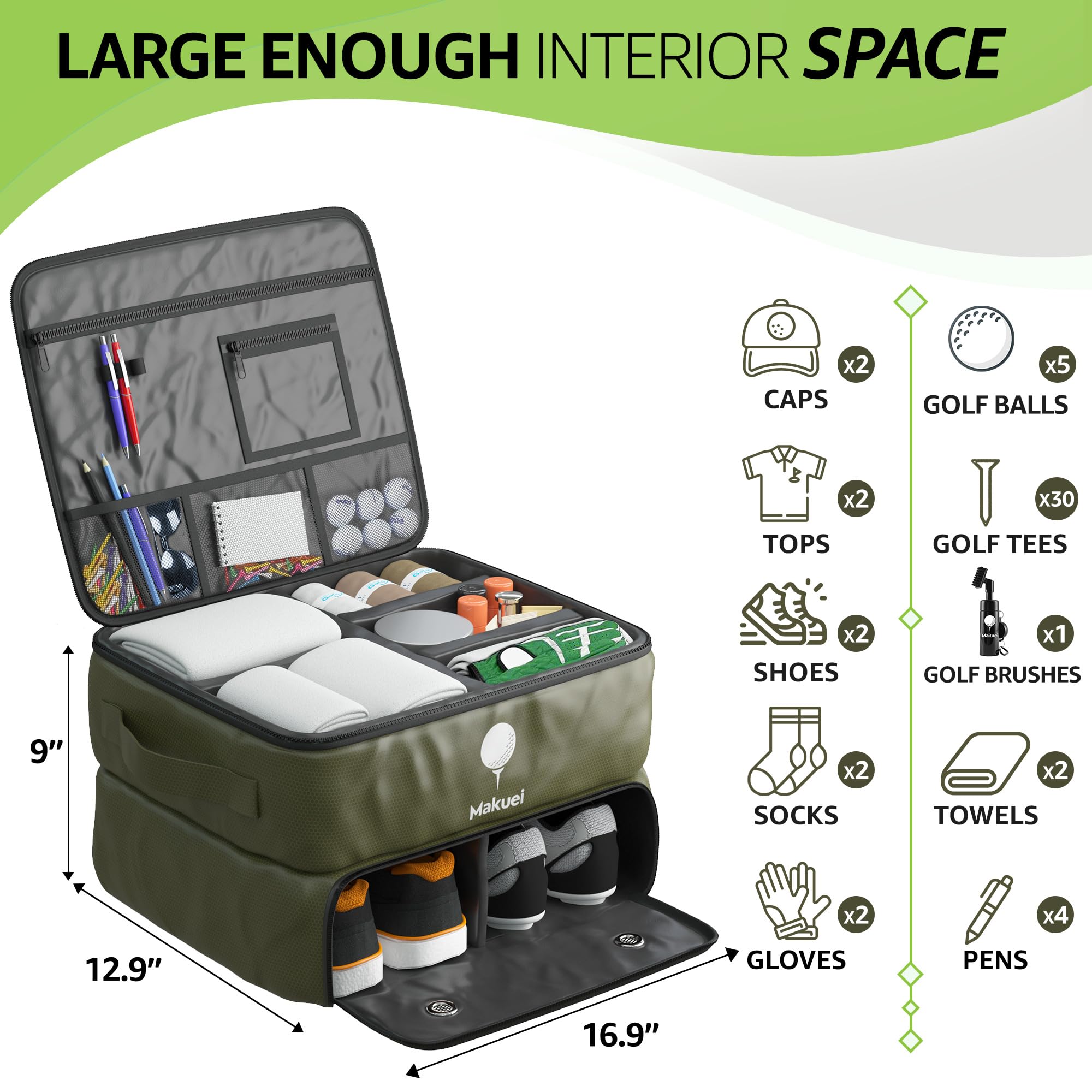 Makuei Golf Organizer - Sacca da golf impermeabile progettata con scomparti ventilati e organizer modulari per personalizzare lo spazio di stivaggio - Ottimo regalo per i golfisti