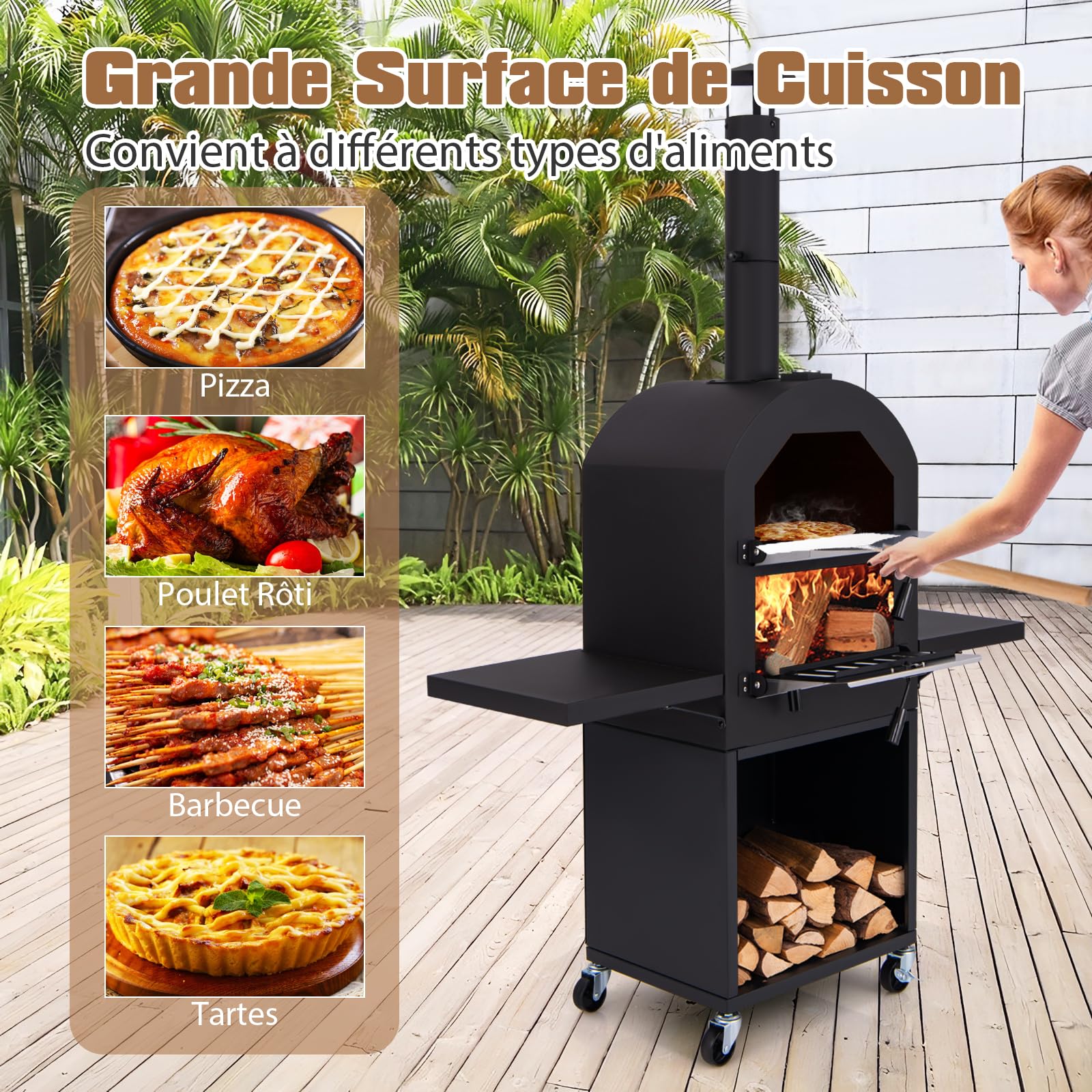 GYMAX Four à Pizza d'Extérieur à Bois ou à Pellet, Pierre 30 cm, Thermomètre, Pelle, 2 Grilles, Mobile