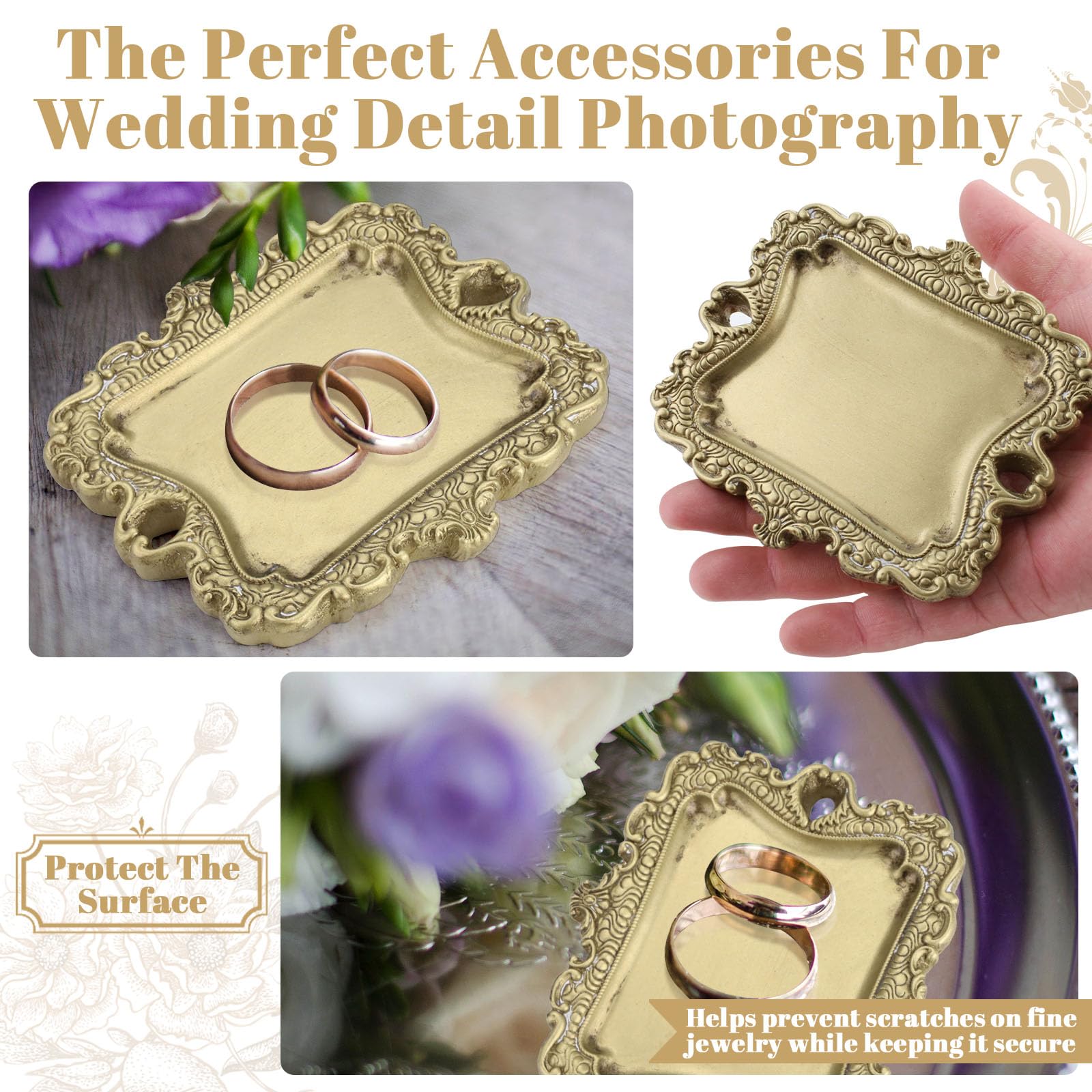Lot de 2 plateaux à bijoux antiques pour bagues, style baroque, pour commode, collier, bracelet, femme, mariage, anniversaire (couleur laiton)