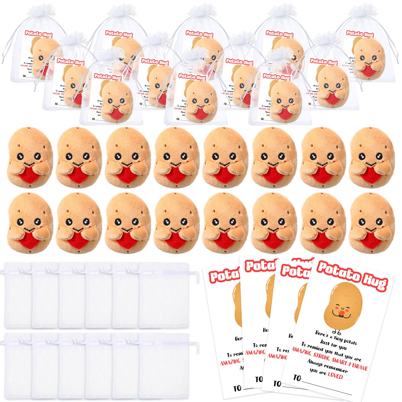 HyDren 20 Sets Inspirational Potato Gift Positive Bulk Plush Potato with Funny Card Organza Bag Employee Emotional Appreciation Gifts for Graduation