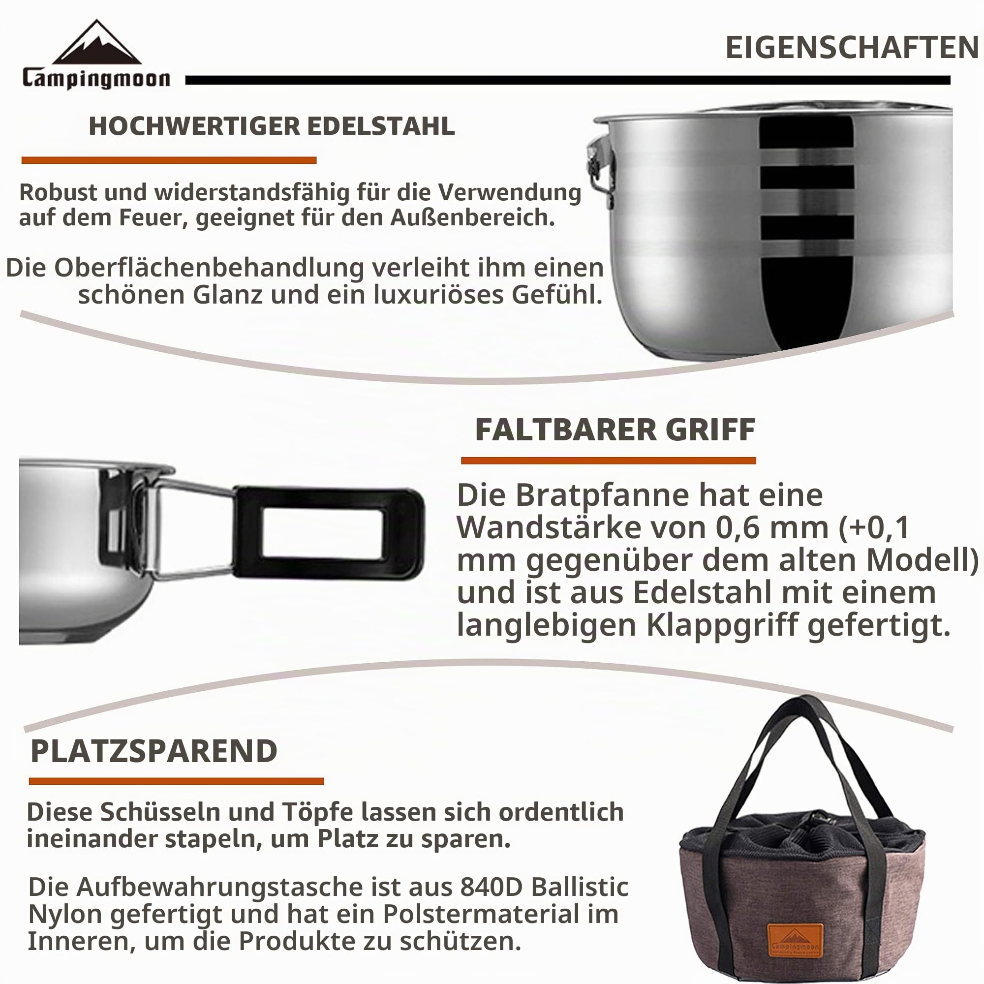 Campingmoon Edelstahl-Kochgeschirr-Set für den Außenbereich, Camping, Kochtöpfe, Pfannen mit Aufbewahrungstasche