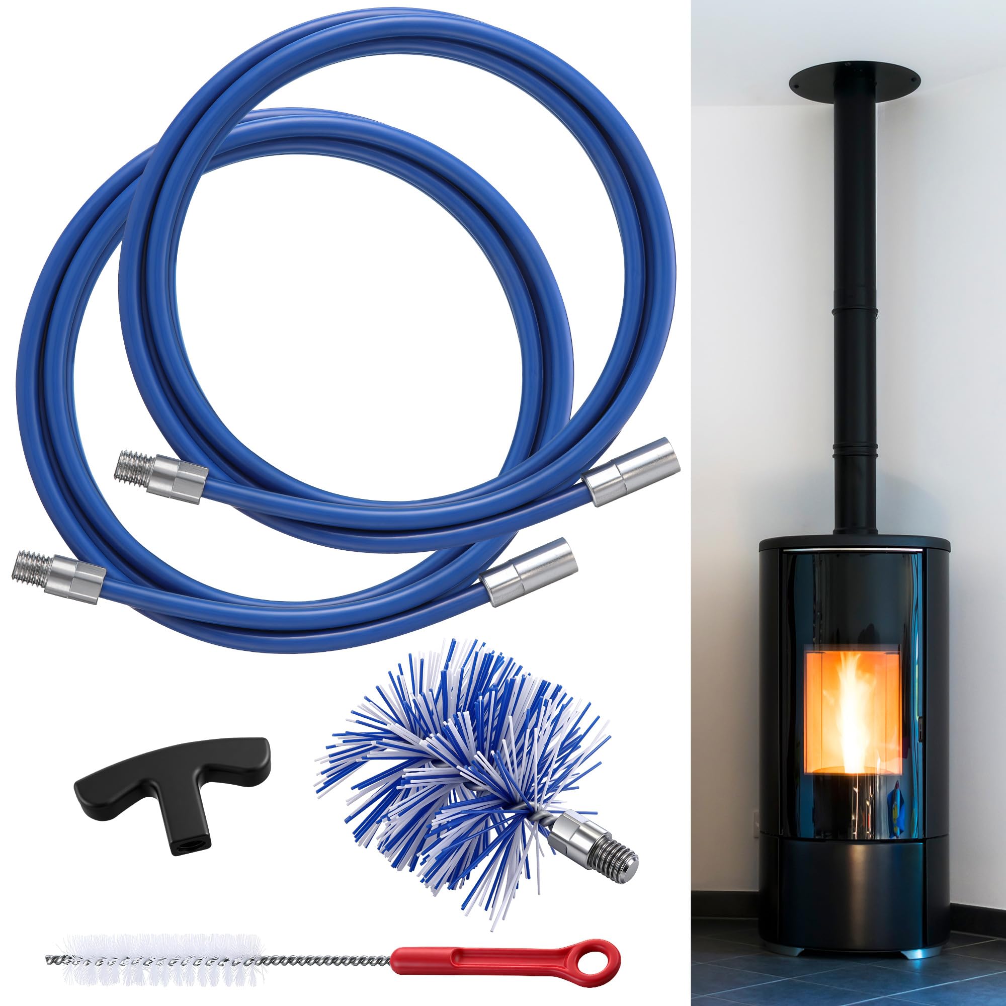 Pellet Stove Cleaning Brush Kit, Flexible Rod, 20ft/4" Brush Head, Blue