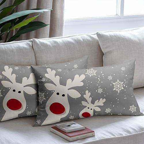 Miniatura 7 de Juego de 2 fundas de almohada lumbar de Navidad negras de 12 x 20 pulgadas, diseño rústico de copos de nieve de ciervos de Navidad, almohadas