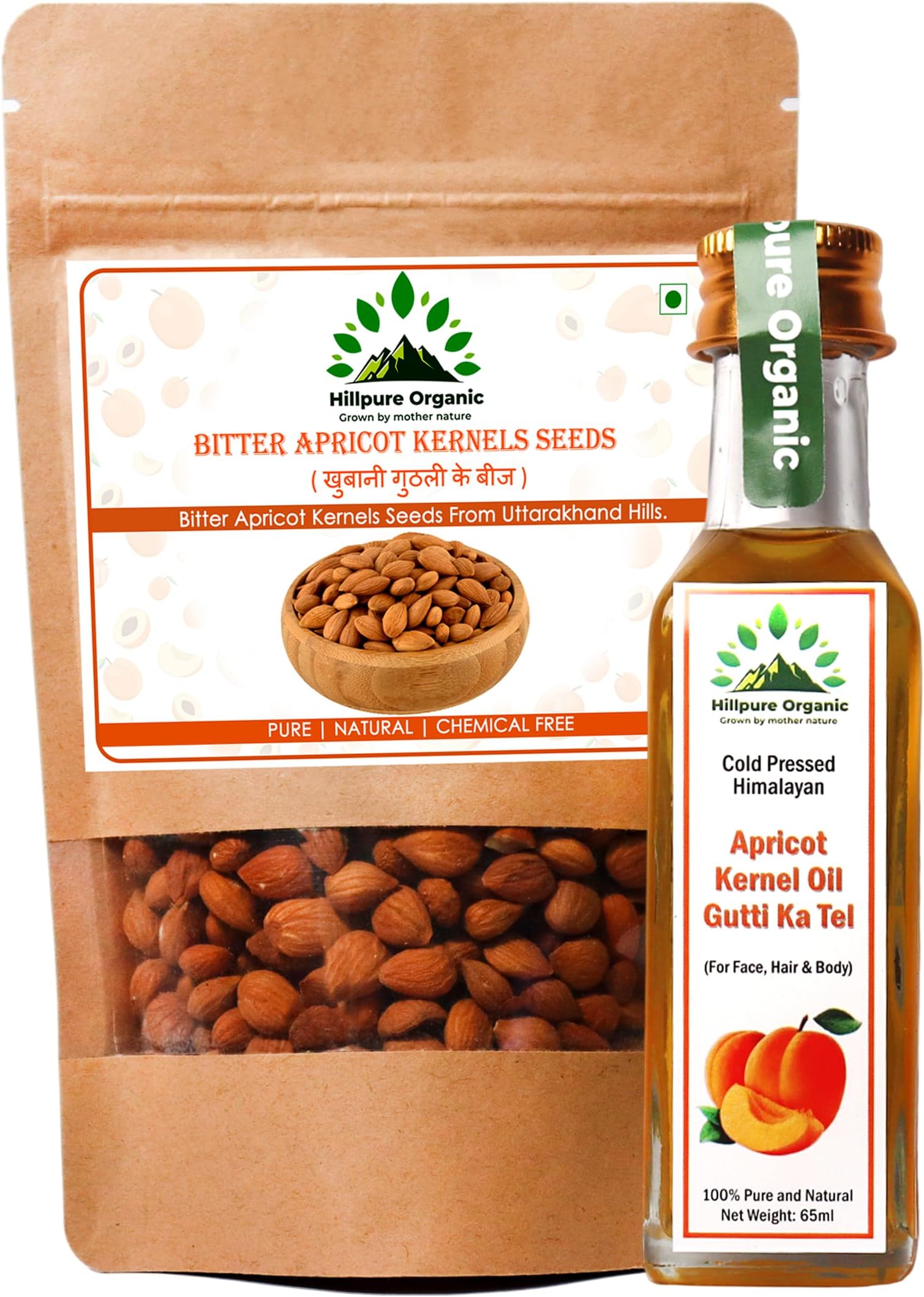 Hillpure Organic Grown by mother nature Natural Bitter Apricot Seeds & Himalayan Cold Pressed Oil Combo | Sun-Dried + Cold Pressed Himalayan Oil | Pure & Natural Oil for Skin and Hair Care | Rich in Vitamin B17, Chemical-Free, Boosts Immunity & Lowers Cholesterol levels