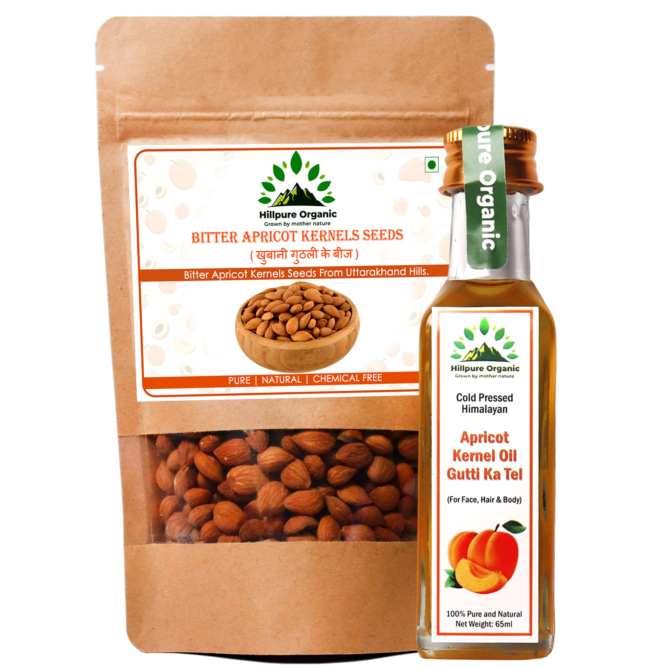 Hillpure Organic Grown by mother nature Natural Bitter Apricot Seeds & Himalayan Cold Pressed Oil Combo | Sun-Dried + Cold Pressed Himalayan Oil | Pure & Natural Oil for Skin and Hair Care | Rich in Vitamin B17, Chemical-Free, Boosts Immunity & Lowers Cholesterol levels