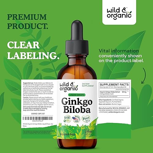 Miniatura 9 de Wild & Organic Tintura de ginkgo biloba, apoyo para el cerebro y la concentración con suplemento de hoja de ginkgo, tintura de extracto de hierbas