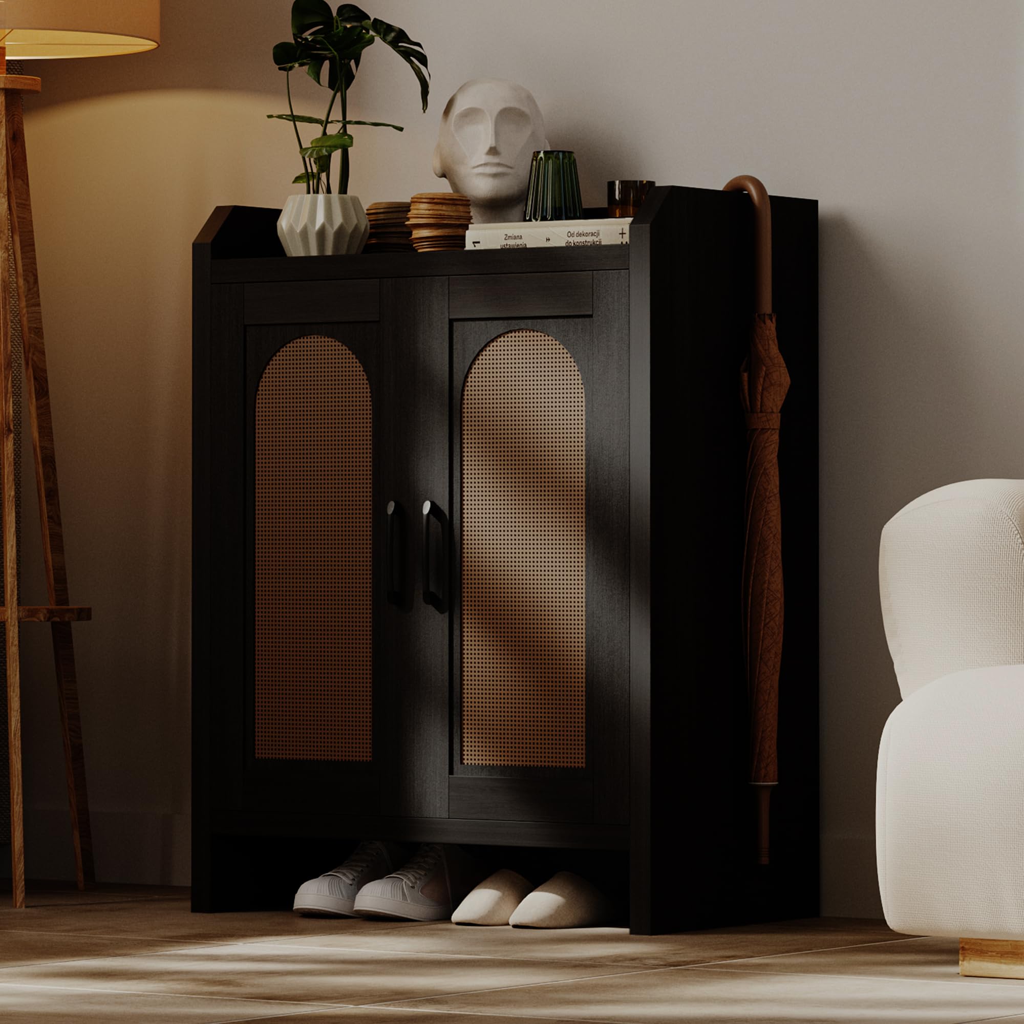 Shoe Cabinet Storage for Entryway, Natural Rattan Shoes Cupboard, Wooden Shoe Rack with Doors and Shelves, Farmhouse Boho Wood Shoe Organizer Cabinet for Hallway Black
