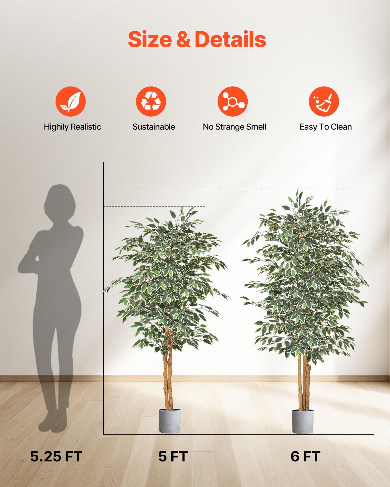 VEVOR 150 cm Albero di Ficus Artificiale con Vaso Nero, Albero Finto Alto con Tronco in Legno Naturale e Foglie e Frutti Verdi Realistici, Pianta Artificiale da Interno per Casa, Ufficio, Soggiorno