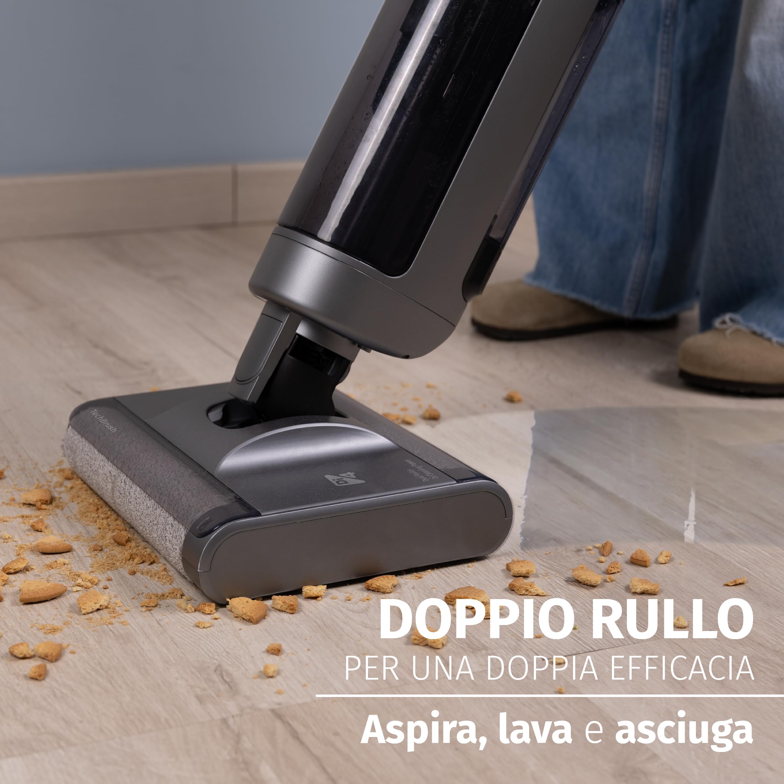 Di4 Velluto Doppio Lavapavimenti Elettrico 2‑in‑1 – Aspira, Lava e Asciuga, Doppio Rullo, Motore Digitale 200W, Autopulizia, Sensore di Sporco, 26 min di Autonomia, Display LED, Trazione Automatica