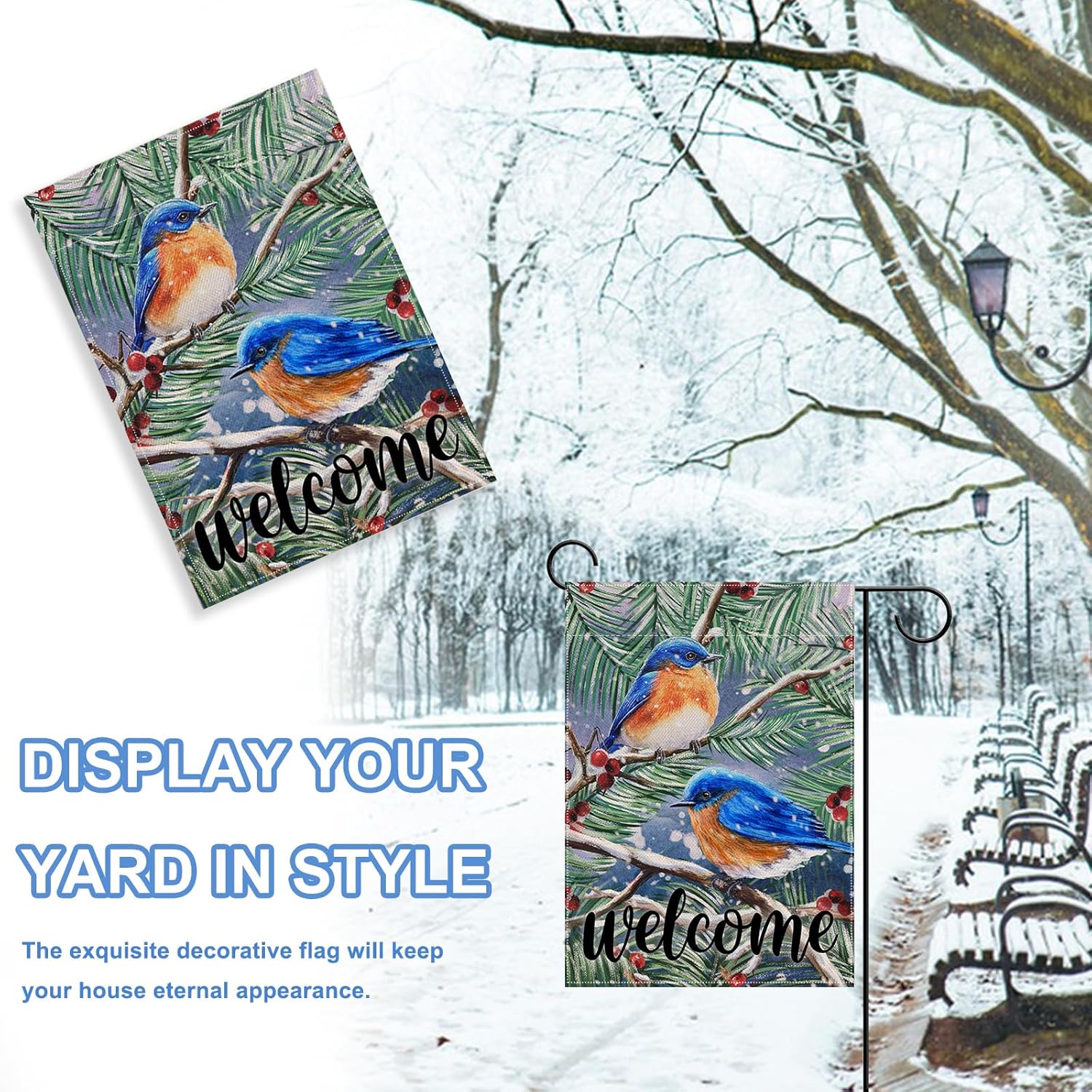 Home Decorative Welcome Winter Bluebirds Garden Flag, Snow House Yard Pine Tree Branches Red Berry Outside Decoration, Snowflake Christmas Farmhouse Outdoor Small Flag Decor Double Sided 12x18 - Image 4