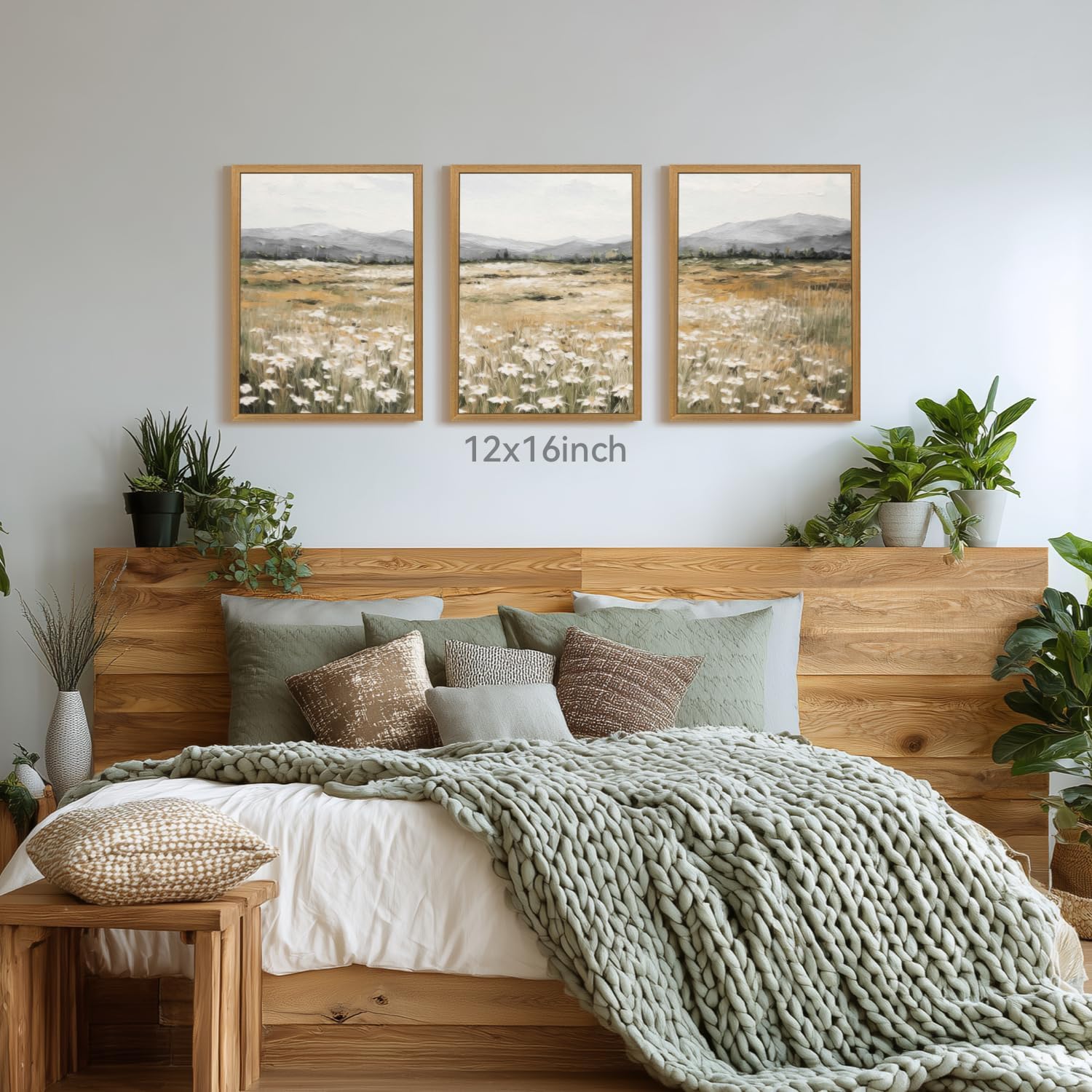 CAZLOUC White Wildflowers Wall Art Set of 3, Neutral Meadow Landscape Wall Decor, Minimalist Mountain Canvas Prints, Beige Rustic Field Paintings for Living Room Bedroom Wood Framed 12x16 Inch